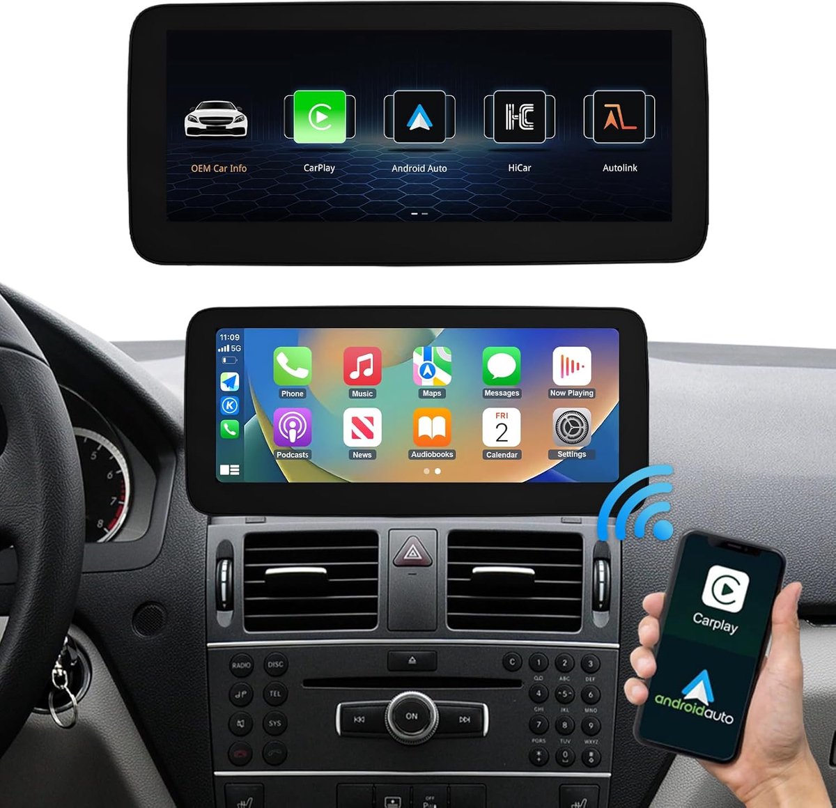 SnelShoppen - 12.3 Inch Draadloze CarPlay & Android Auto Touchscreen voor Mercedes C Class W204 (2008-2010) met Navigatie & Mirrorlink