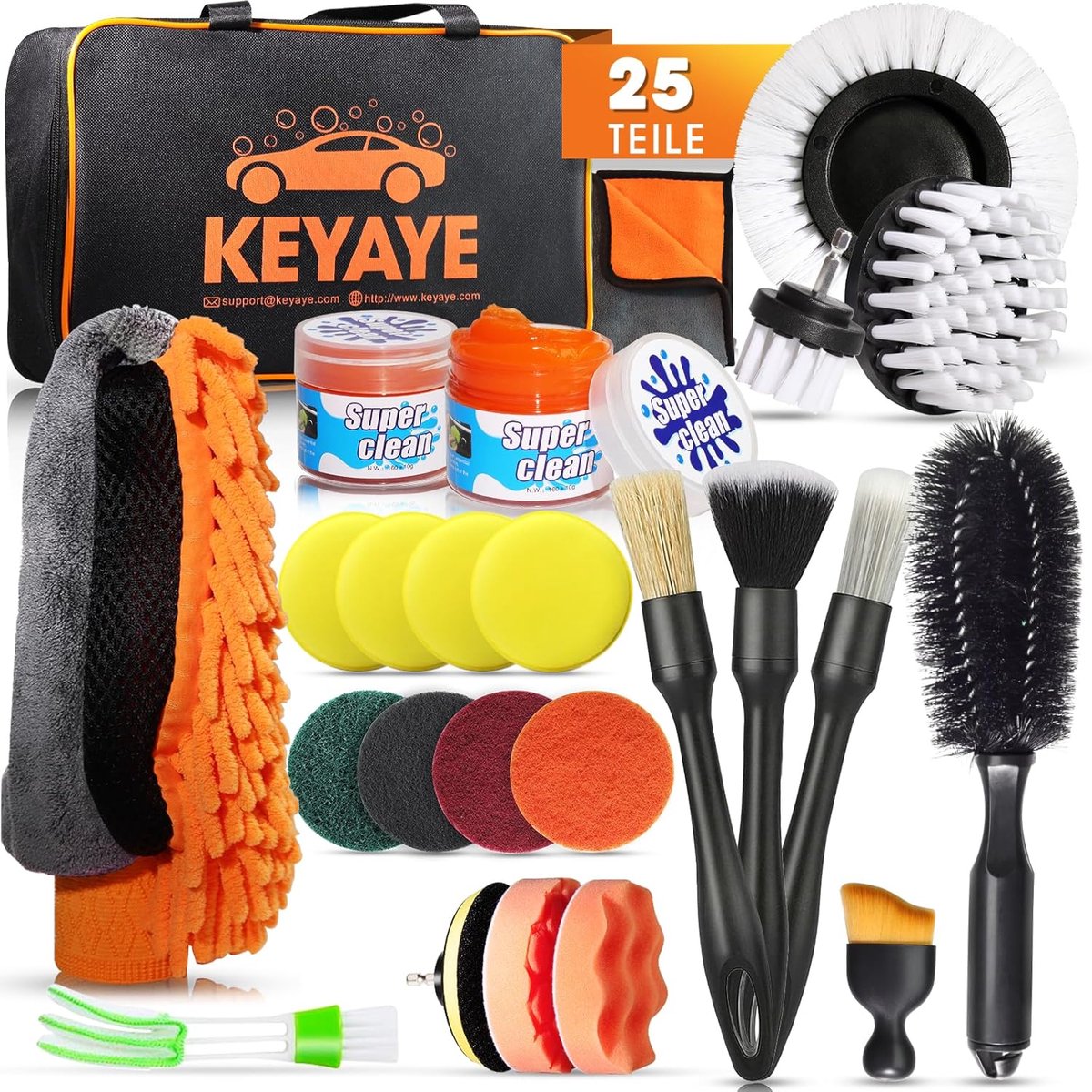 SnelShoppen - 25-delige Auto Reinigingsset, Complete Auto Detailing Kit met Ultra Zachte Borstels, Microvezeldoeken, Was Glove, Velgenborstel, Boorbor