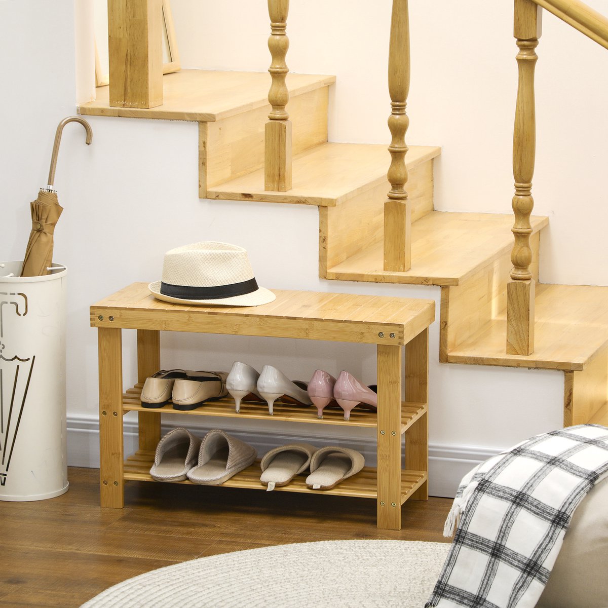 OKWISH Schoenbank – 70 x 28 x 45 cm – 3 Etages – Bamboe – Natuurlijke Houtkleur – Voor Hal En Slaapkamer – Met Opbergruimte