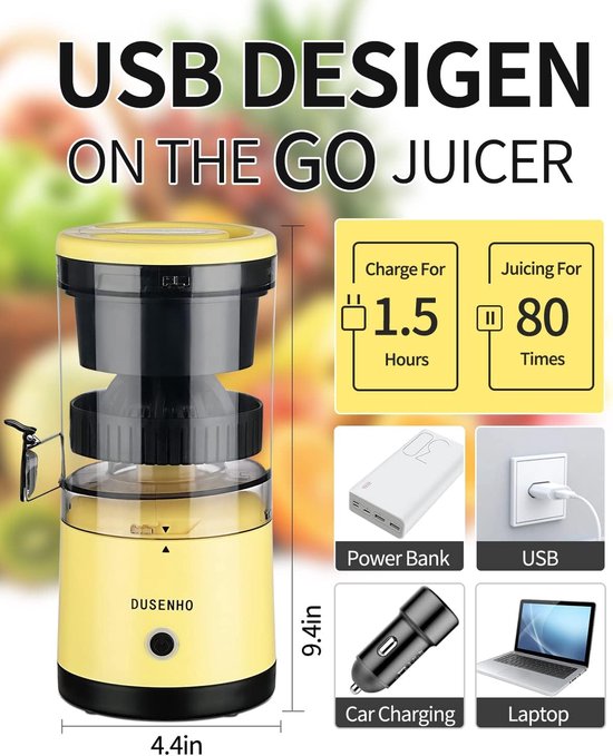 SnelShoppen - Draagbare Oplaadbare Citrus Juicer - Elektrische Pers voor Sinaasappel, Citroen, Grapefruit - USB Oplaadbaar met Schoonmaakborstel - Keu van Snelshoppen — afbeelding 5