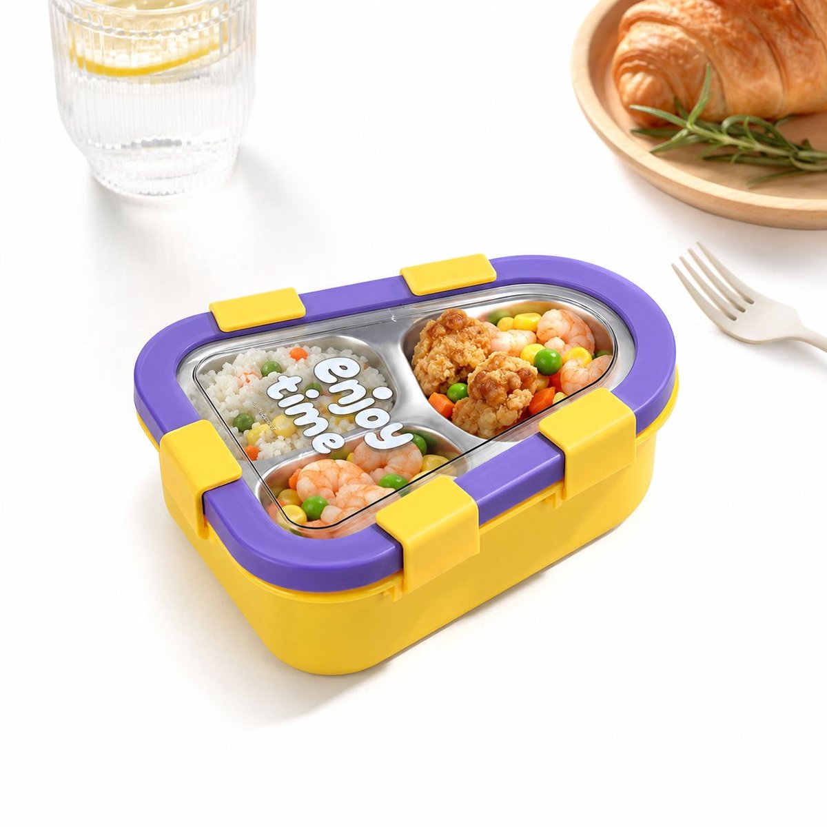 VHV - Broodtrommel - Lunchbox - Lunchbox met 3 Vakken - 470ml - Paars - 304 RVS Broodtrommel met Warmhoudfunctie - BPA-vrij - Lekvrije Voedselcontainer - 20.3x16x6.7 cm