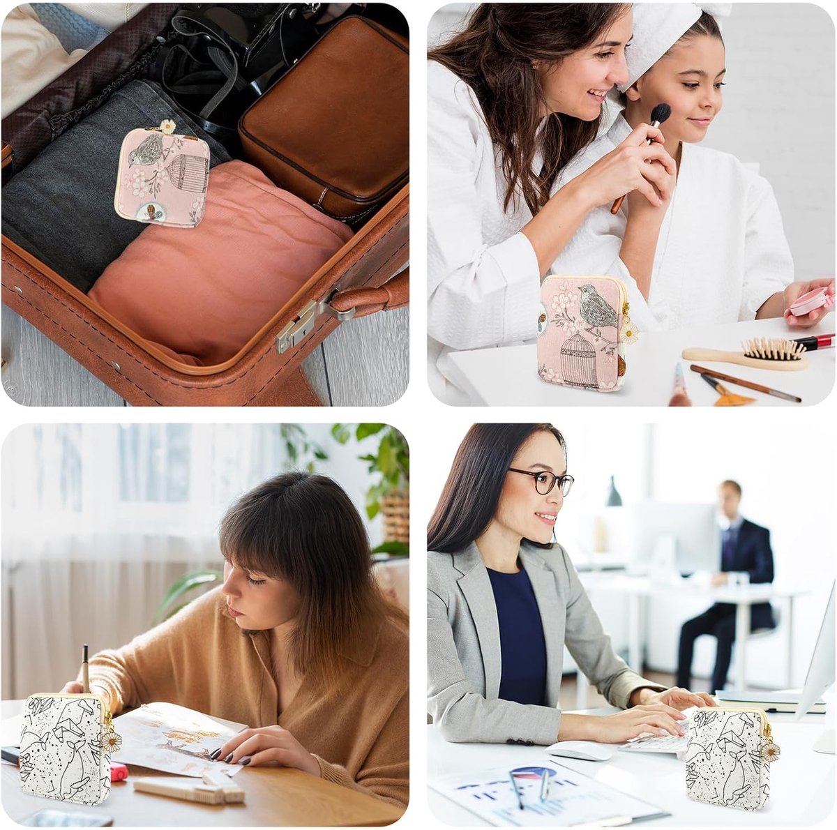 Maandverband Tasje - 2 Stuks - Madeliefje met rits - Tampon Doosje - Muntportemonnee - Toilettas - Opbergzakje - Mini Make up Tas -Luiertas - Voor vrouwen, tieners, meisjes, school - Wit – foto 4