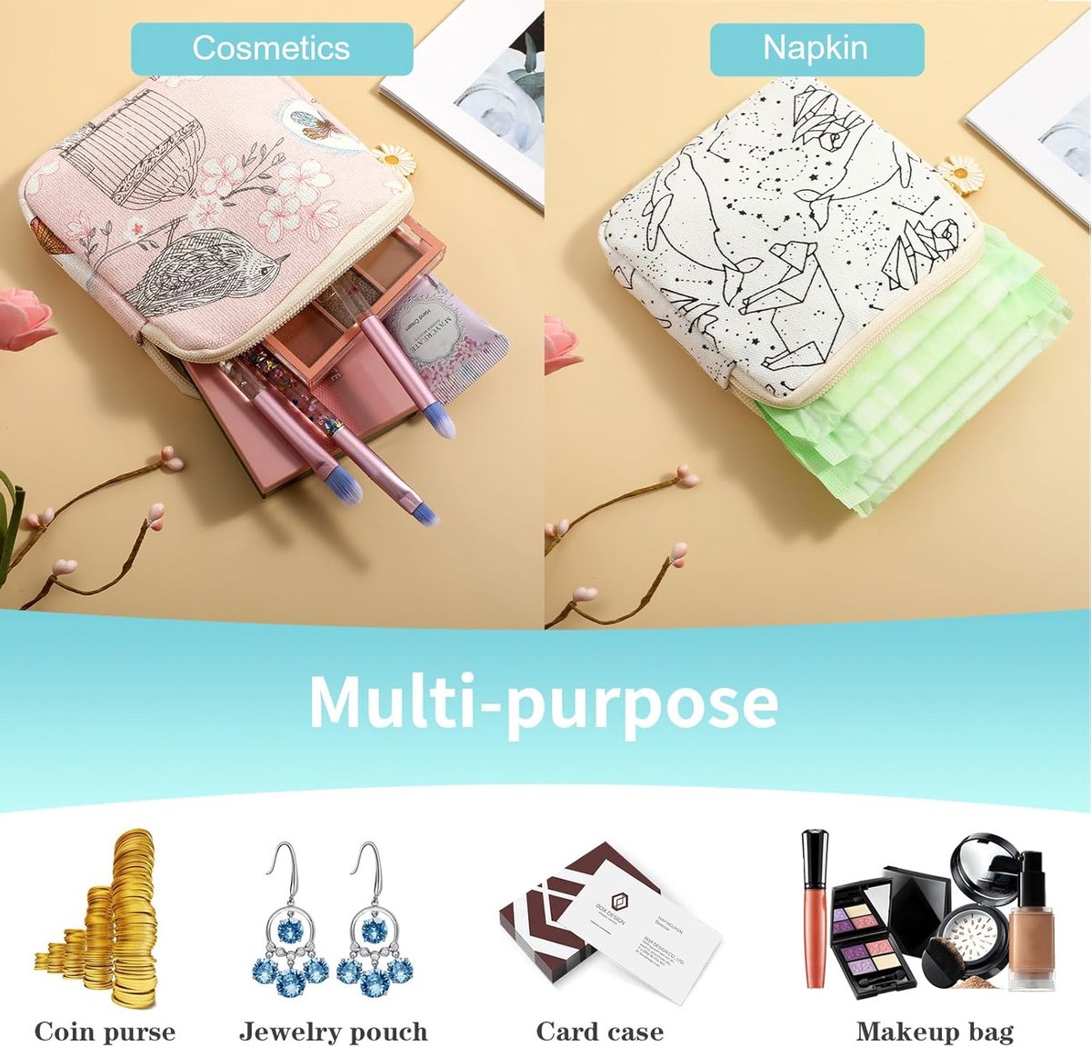 Maandverband Tasje - 2 Stuks - Madeliefje met rits - Tampon Doosje - Muntportemonnee - Toilettas - Opbergzakje - Mini Make up Tas -Luiertas - Voor vrouwen, tieners, meisjes, school - Wit – foto 7