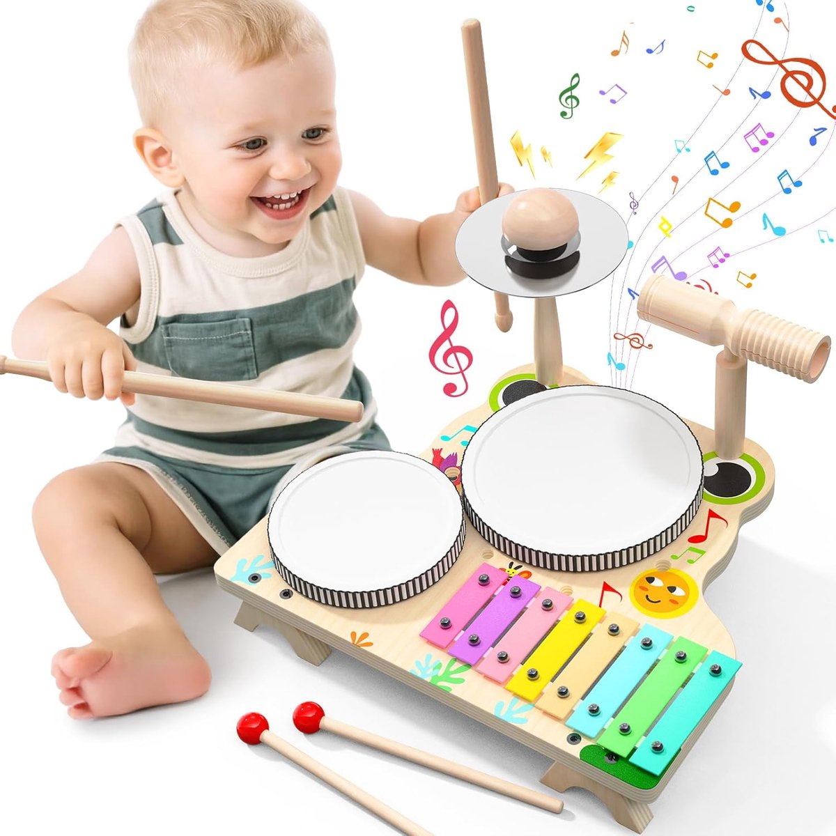 SnelShoppen - Skirfy Houten Muziekinstrumenten Set voor Kinderen, Drumstel met Stokjes en Xylofoon, Educatief Speelgoed voor Jongens en Meisjes van 3