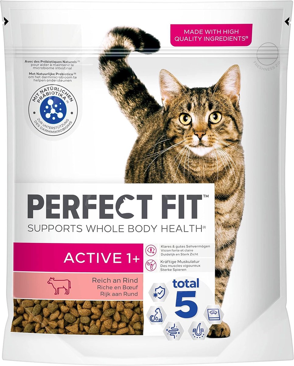 SnelShoppen - Perfect Fit Adult Droogvoer voor Actieve Katten, Rundvlees, 750 g (6 Zakjes) - Gezonde Huid, Glanzende Vacht, Ondersteunt Spijsvertering