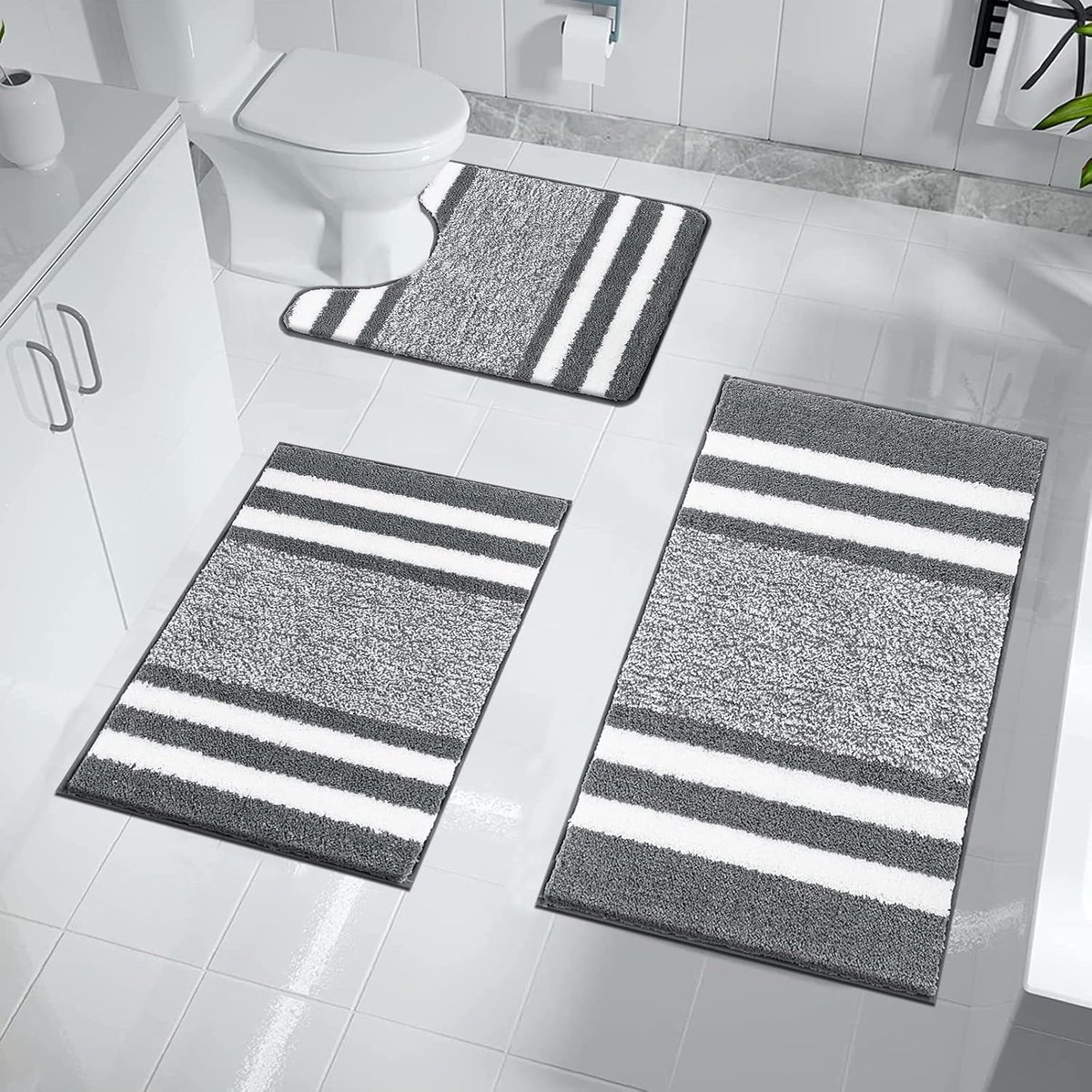 SnelShoppen - 3-delige Luxe Badmat en Pedestal Mat Set - Super Zachte Microfiber Fluffy Badkamer Tapijt - Machine Wasbaar en Absorberend - Perfect voo