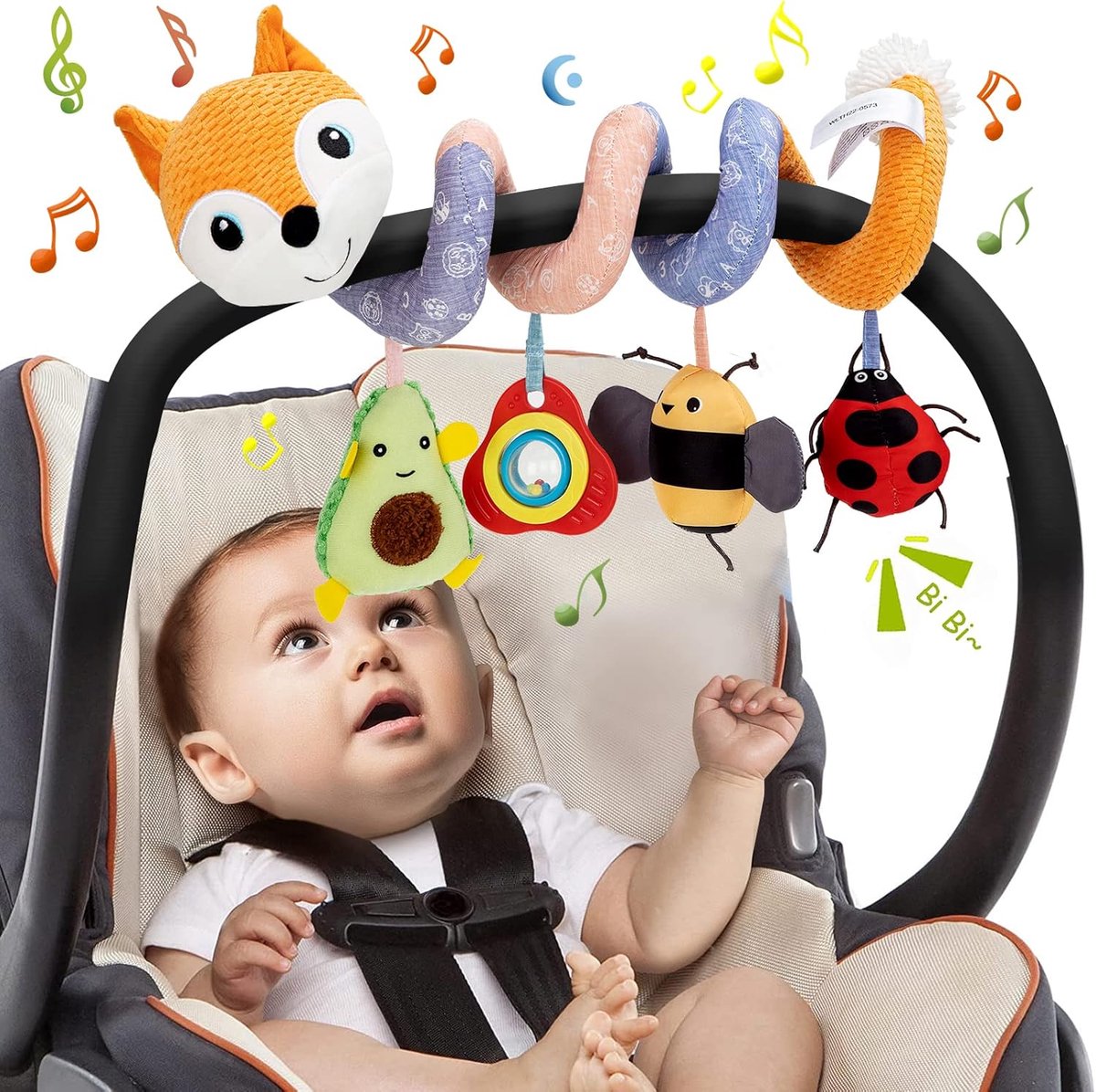SnelShoppen - Spiraalspeelgoed voor Baby's, Hangend Pluche Vos Activiteit met Belletje, Kinderwagen Accessoire, Autostoeltje Speelgoed, Kleurig Ontwer