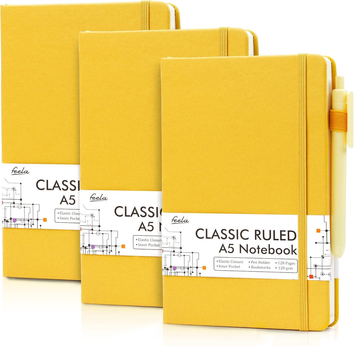SnelShoppen - A5 Notitieboek Multipack - 3 Stuks Lined Notepads 120 gsm - Stevige Hard Cover Notebooks met 3 Zwarte Gelpennen - Perfect voor Werk, Stu