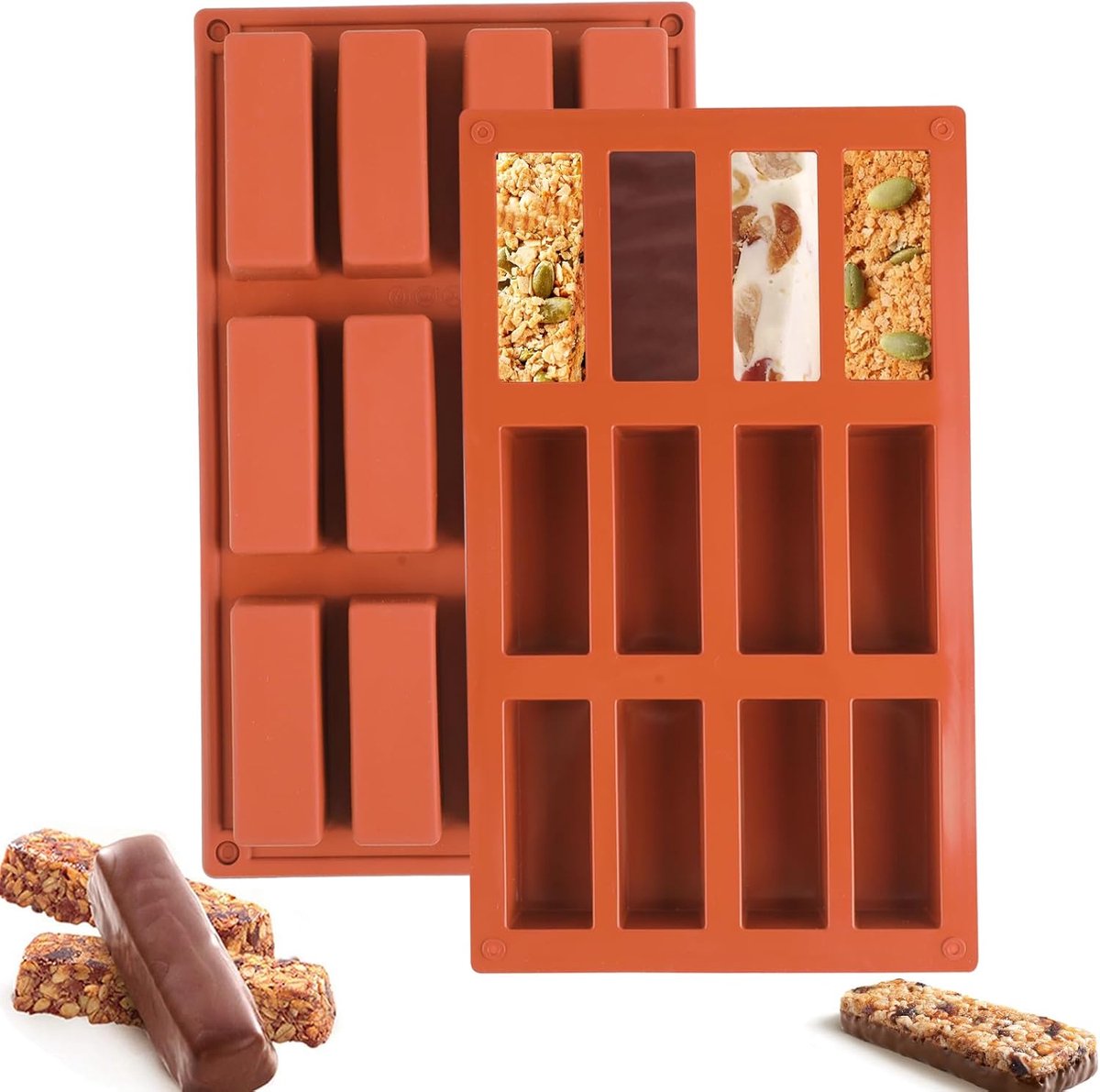 SnelShoppen - 2 x Silicone Bakvormen voor Cereal Bars, 12 Cavity Antikleef Mallen voor Energie Bars, Brownies, Cheesecakes, Muffins, Pudding, BPA-vrij