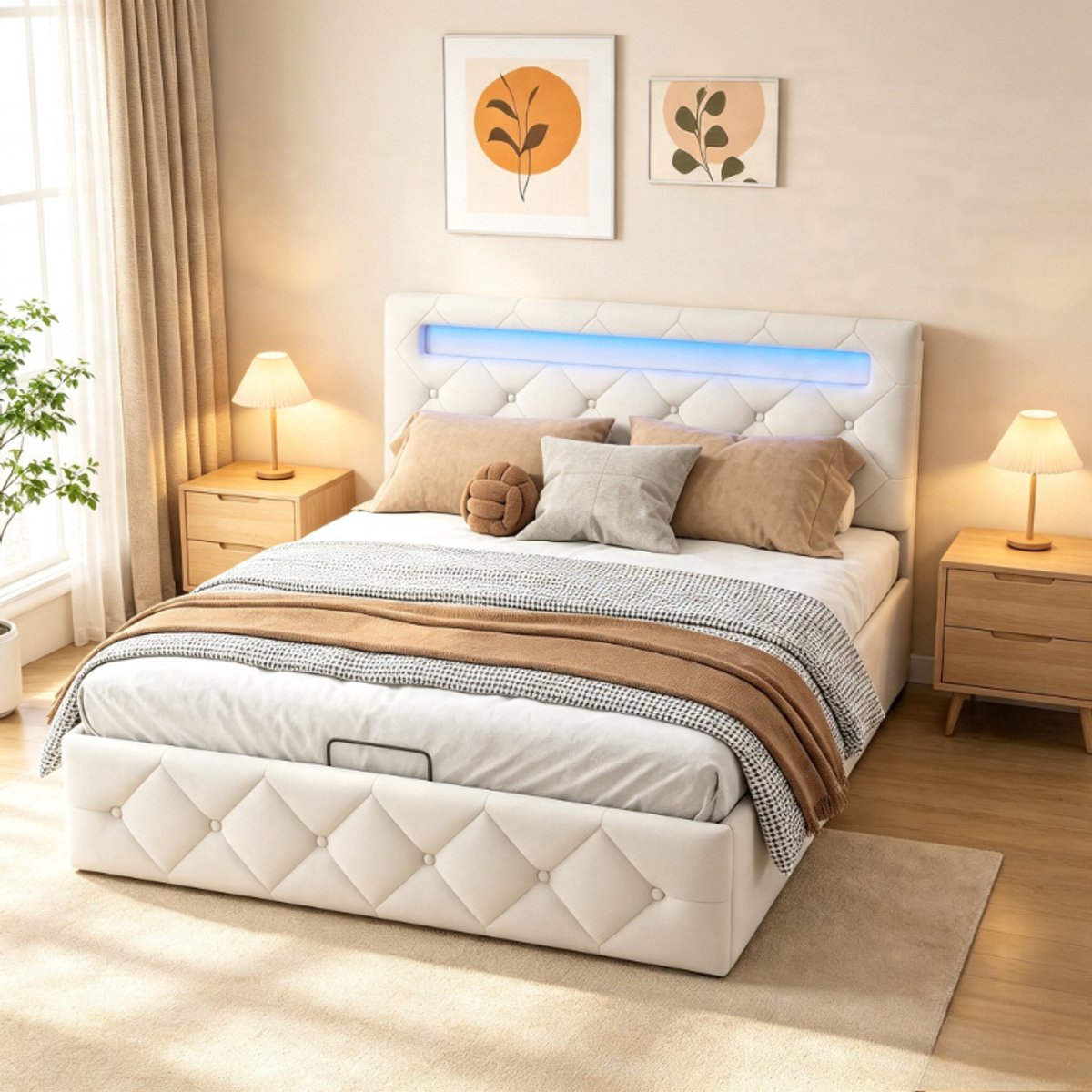 Tweepersoonsbed 140x200 cm met led verlichting, gestoffeerd opbergbed met hydraulische opbergruimte, 2 persoonsbed met verstelbaar hoofdbord, fluwelen bedframe in beige, zonder matras