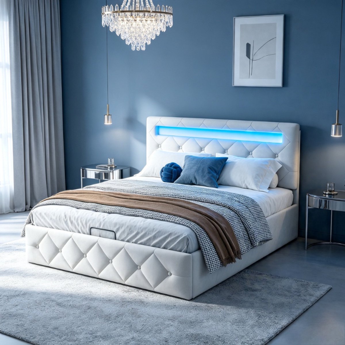 ROSAHQNDA Tweepersoonsbed 160x200 cm met led verlichting, gestoffeerd opbergbed met hydraulische opbergruimte, 2 persoonsbed met verstelbaar hoofdbord, fluwelen bedframe in beige, zonder matras