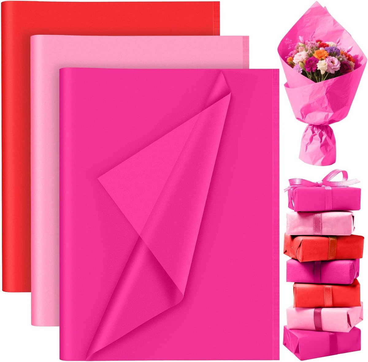 SnelShoppen - 60 Vellen Rood en Roze Tissuepapier Bulk - Geschenkverpakking Inpakpapier voor Verjaardag, Bruiloft, Vakantie - 50x35cm - Perfect voor C