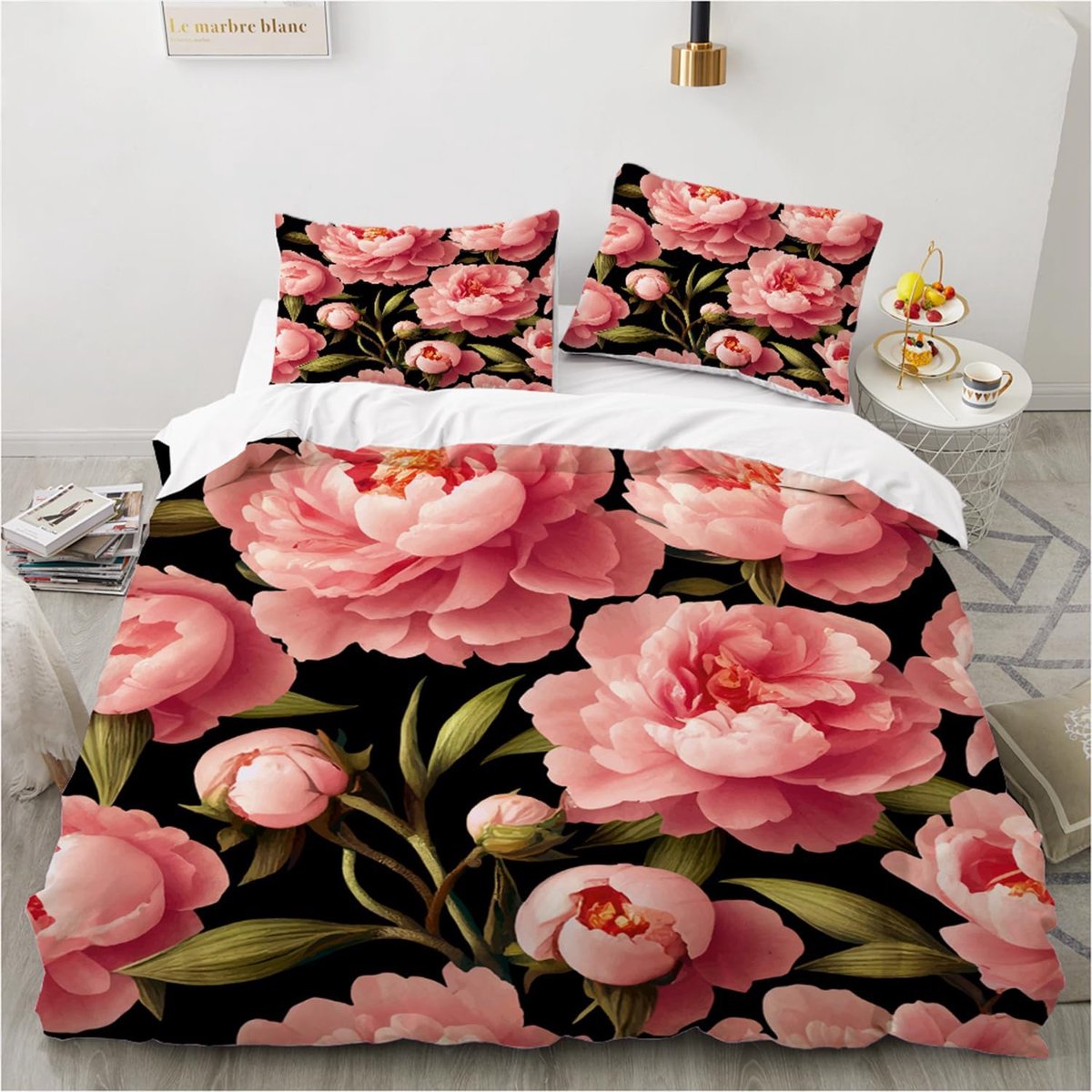 SnelShoppen - Duvet Dekbedovertrek Set 135 x 200 cm met Kussenhoes 80 x 80 cm - Roze Bloemen Patroon - Zacht Microfiber met Rits - Ideaal voor Kindere