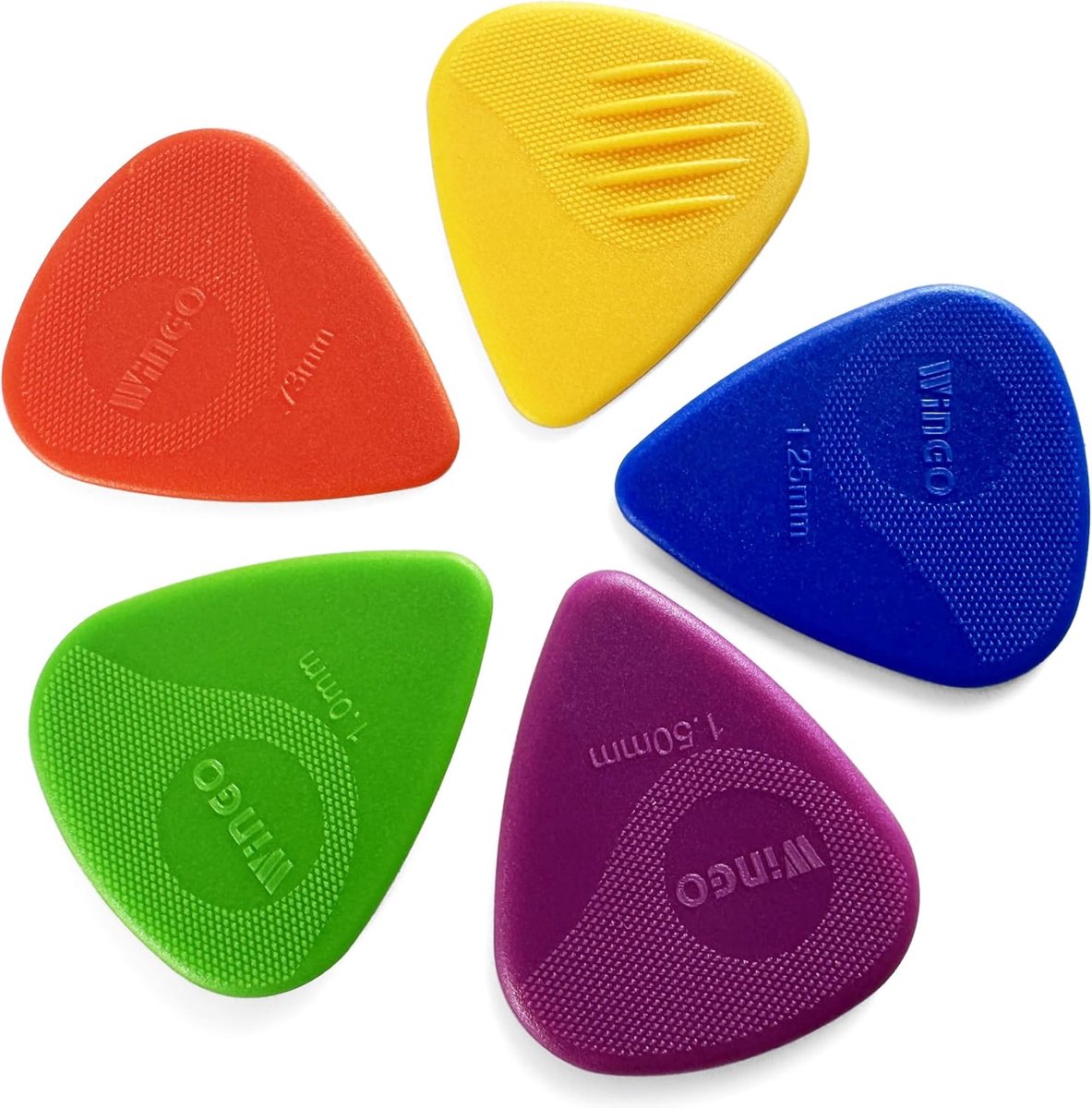 Thijox - Gitaar Plectrums met Grip Gestempeld - Antislip Plectrums 5 Stuks (073, 088, 1.0, 1.25, 1.5mm) voor Akoestische en Elektrische Gitaar en Basg