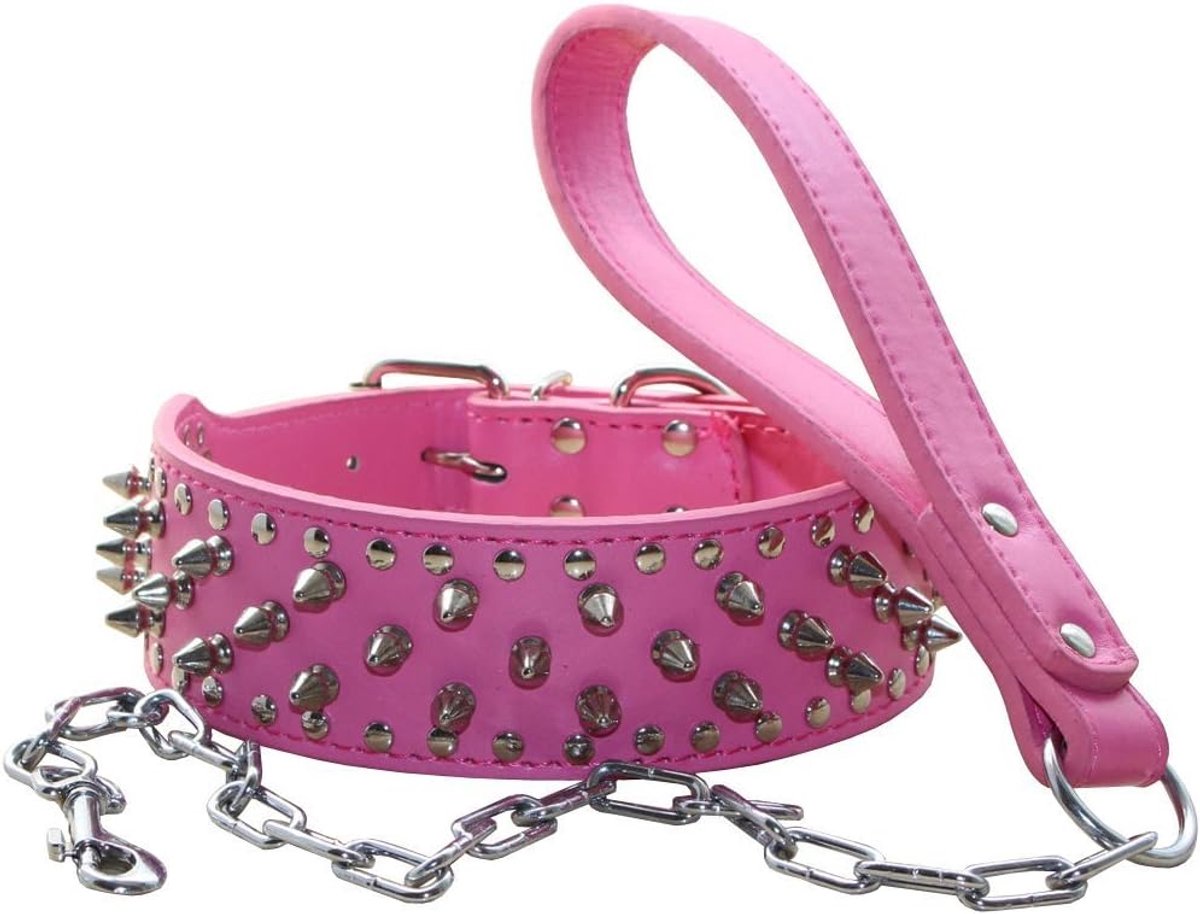 Thijox - Hondenhalsband Punk Spiked Klinknagel met RVS gesp en Zachte Lederen Kettingriem Combo Set voor Pitbull, Bulldog, Doberman - XL Hot Roze, Hea