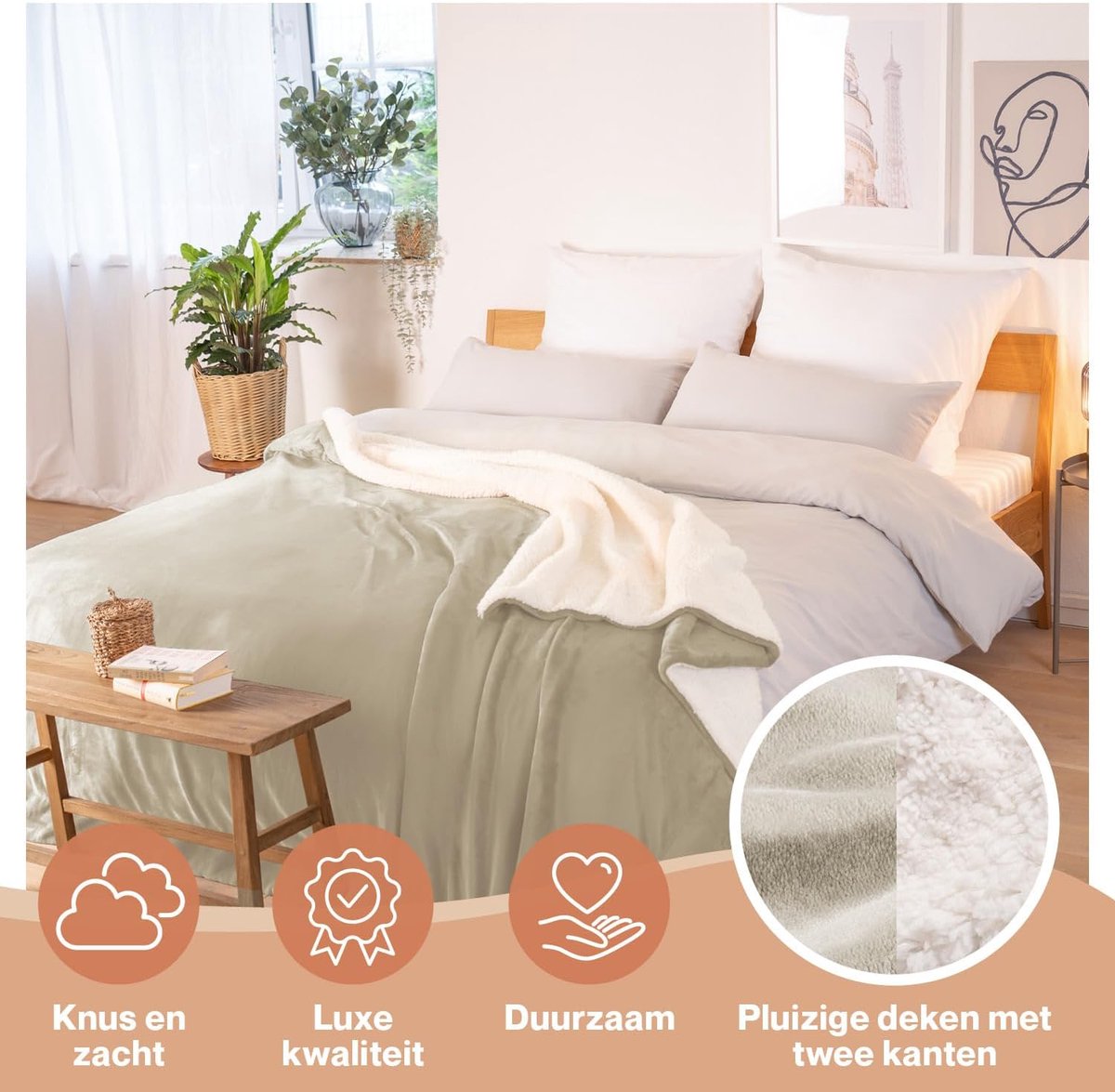 SnelShoppen - Fluffy Sherpa Fleece Dekentje 150x200 cm - Super Zacht en Warm Sofa Cover, Bedsprei, Beige voor Woonkamer, TV Avonden en Gezellige Avond