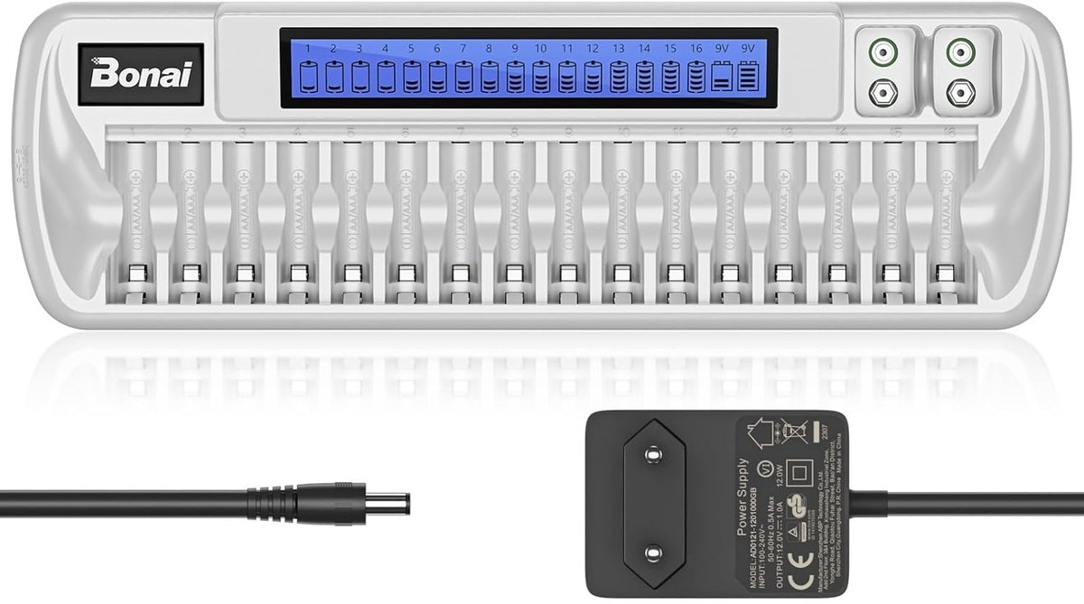 SnelShoppen - Universele Batterijlader 18 Slots LCD Oplaadbare Batterijen AA AAA 9V NI-MH NI-CD met AC Oplaadkabel - Ideaal voor Thuis, Camping en Fee
