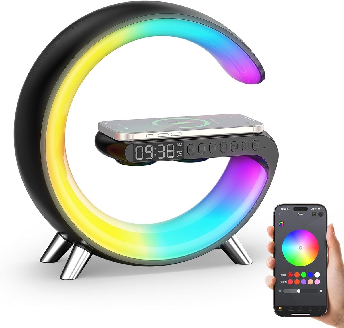SnelShoppen - Smiling Shark Licht Alarm Klok, Slimme Alarmklok met Draadloze Oplader, Bluetooth Speaker, Dimbare Sfeerlicht, Natuurgeluiden, App Bedie