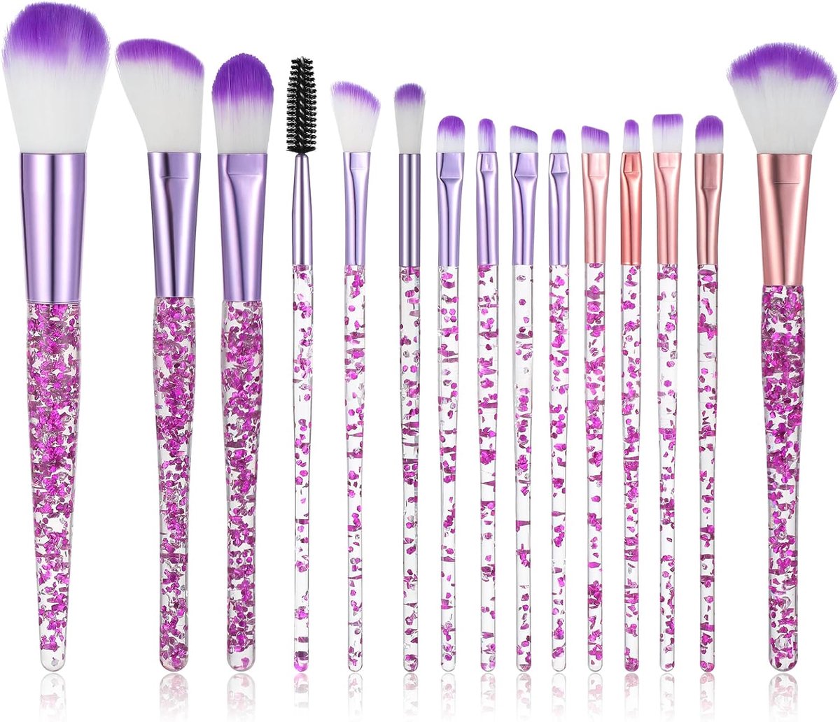SnelShoppen - 15-delige Professionele Make-up Kwasten Set - Inclusief Foundation, Poeder, Oogschaduw, Concealer en Hooglighter - Paarse Glitter Kwaste