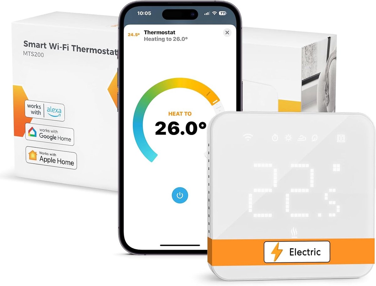 SnelShoppen - Slimme Thermostaat voor Combi Ketel en Vloerverwarming, WiFi Thermostaat met Apple HomeKit, Alexa, Google, Draadloze Installatie, Onders