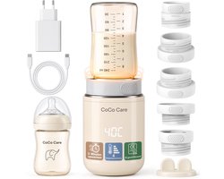 CoCo Care® Heat-2-Go Pro Draagbare Flessenwarmer Onderweg – Draadloos, 13.200 mAh batterij, 4 temperaturen, snelle verwarming, 20W snellader, nachtlampje, 5 adapters & PPSU babyfles, Beige