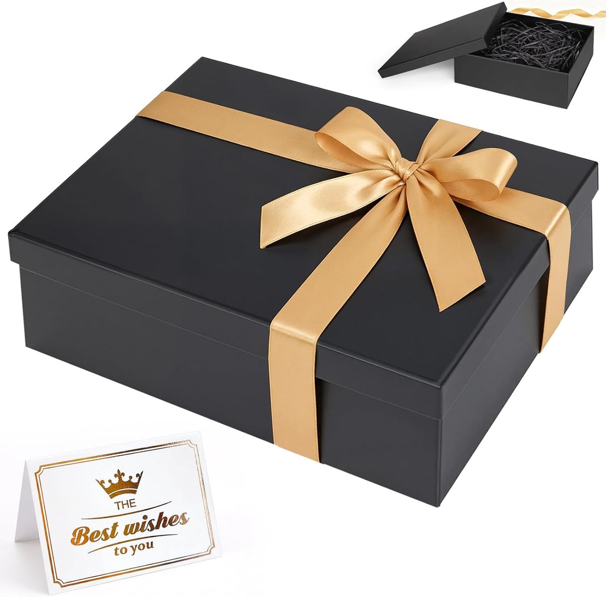 SnelShoppen - Elegante Cadeau Doos 25 x 18 x 8.5 cm met Deksel, Vouwbare Cadeaubox met Wenskaart, Raffia Touw en Strik voor Verjaardag, Bruiloft, Jubi