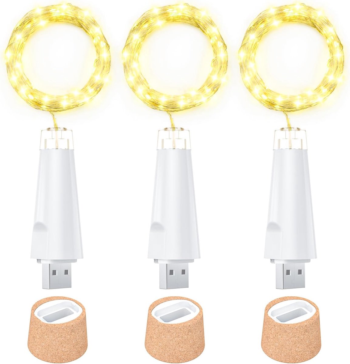 SnelShoppen - USB Flessen Lichten Oplaadbare LED Kurk Lichten 20 LED Koper Draad voor Wijnflessen Decoratie Tafel Feest DIY (Warm Wit, 3-Pack)