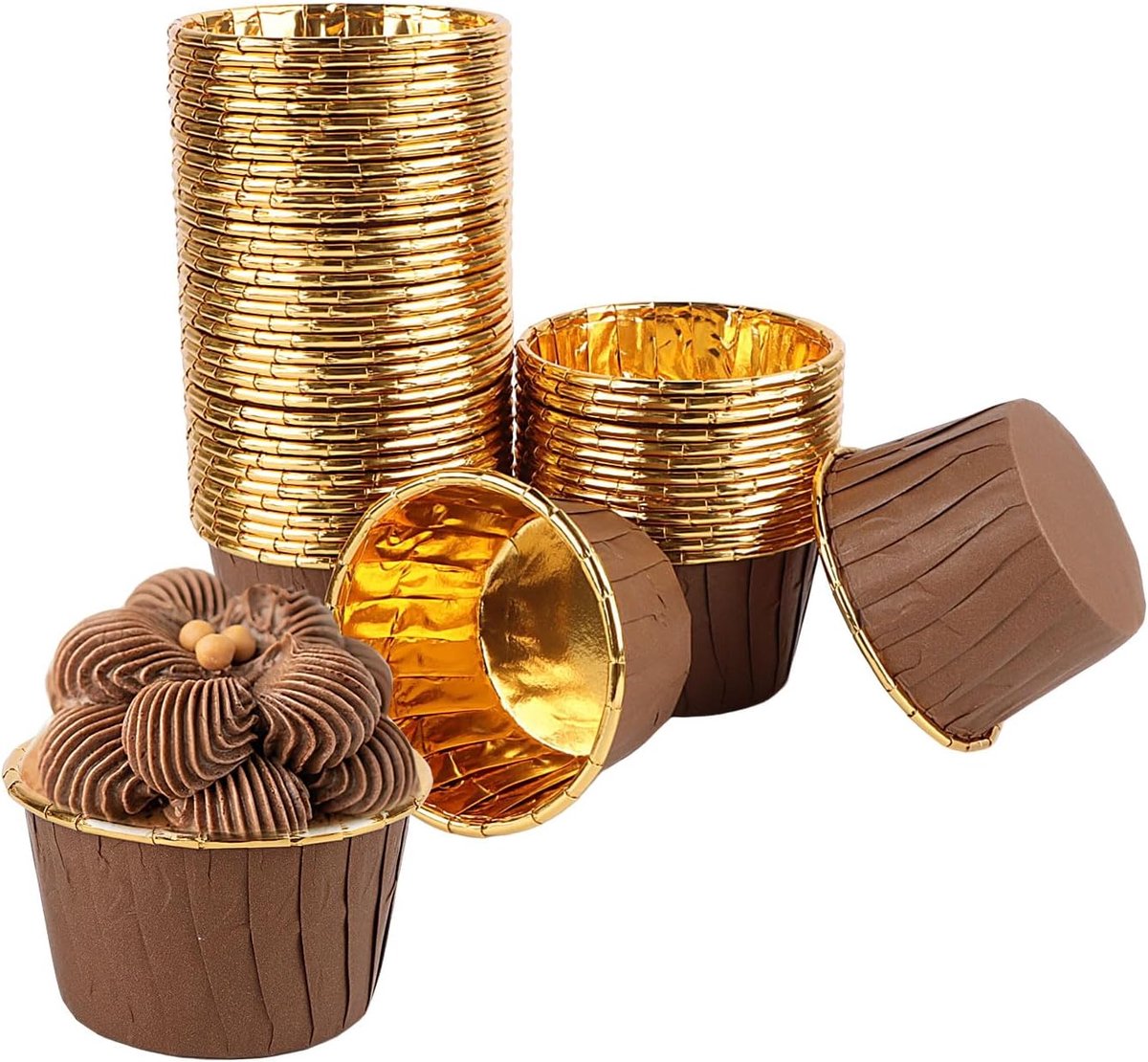 SnelShoppen - 100 Stuks Muffin Mallen, Wegwerp Aluminium Folie Papier Bakvormpjes, Cupcake Liners, Bruin 2#, Perfect voor Taart, Pudding en Feestdecor