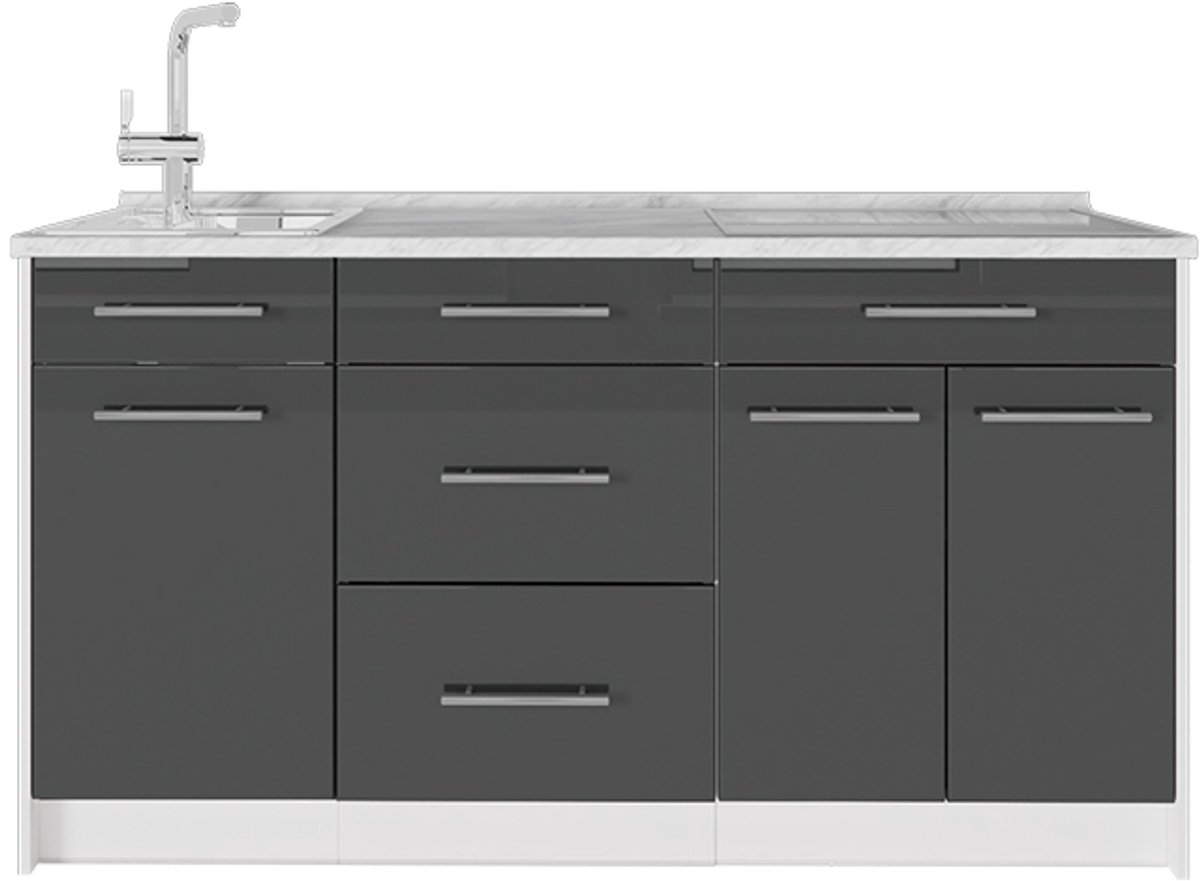 Vicco Keukenblok Fame-Line, Antraciet Hoogglans/Wit, 150 cm, WB Marmer