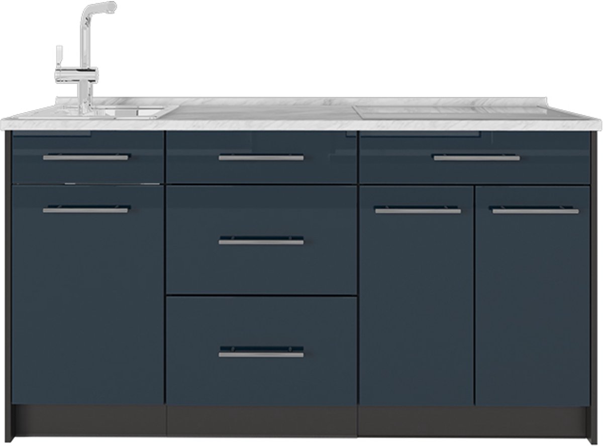 Vicco Keukenblok Fame-Line, Donkerblauw hoogglans, 150 cm, WB Marmer