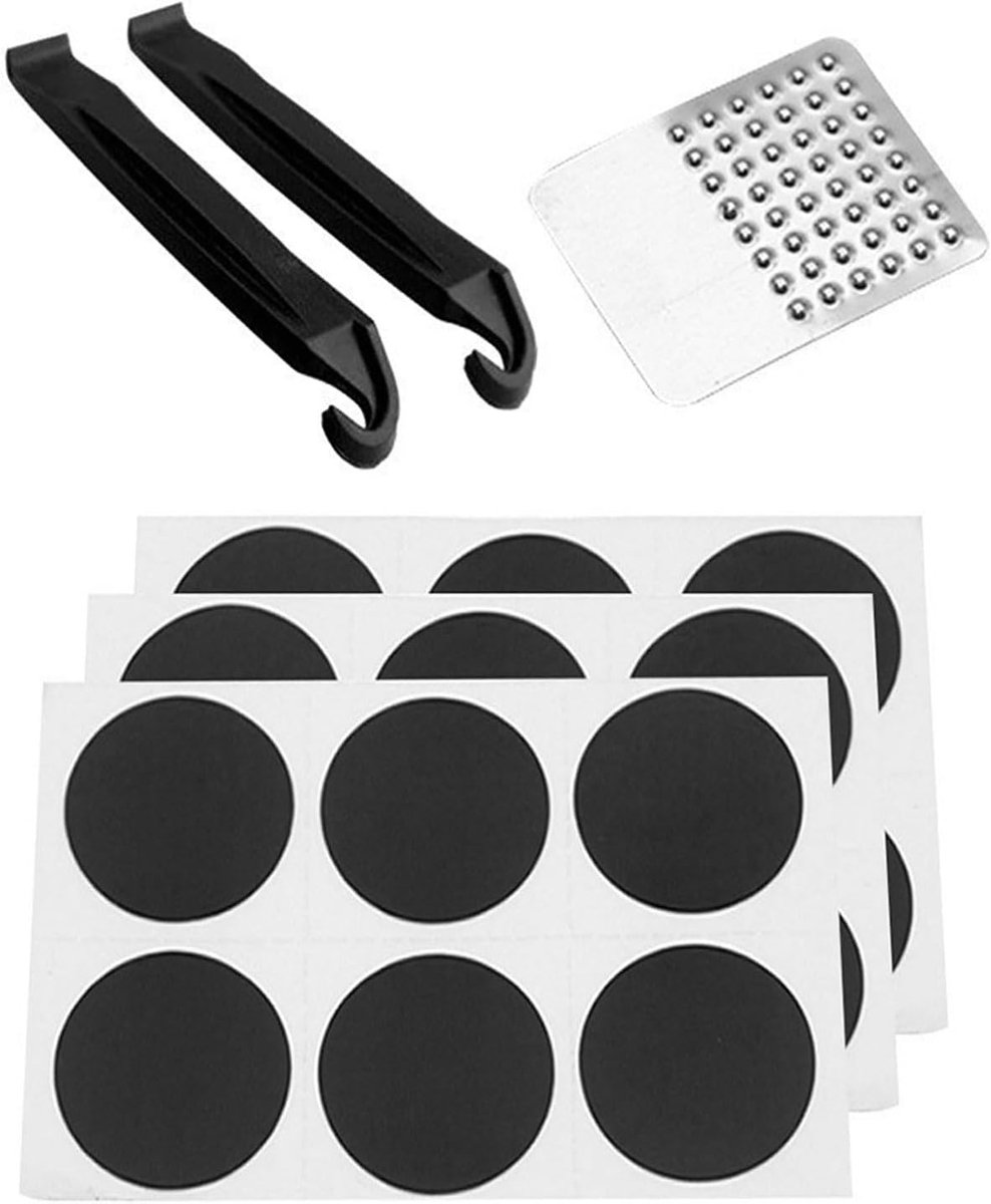 SnelShoppen - Fietsband Reparatie Set - 18 Stuks Plakset voor Fietsbanden, Zelfklevende Patches, Inclusief 2 Bandenlichters en Vijl, Geschikt voor Mou