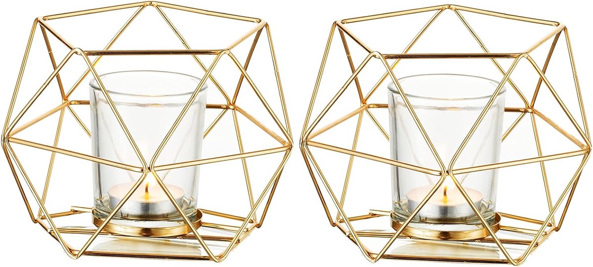 SnelShoppen - Set van 2 Geometrische Gouden Theelichthouders - Modern Metalen Kaarsenhouder voor Tafelversiering, Feest, Bruiloft, Buitengebruik