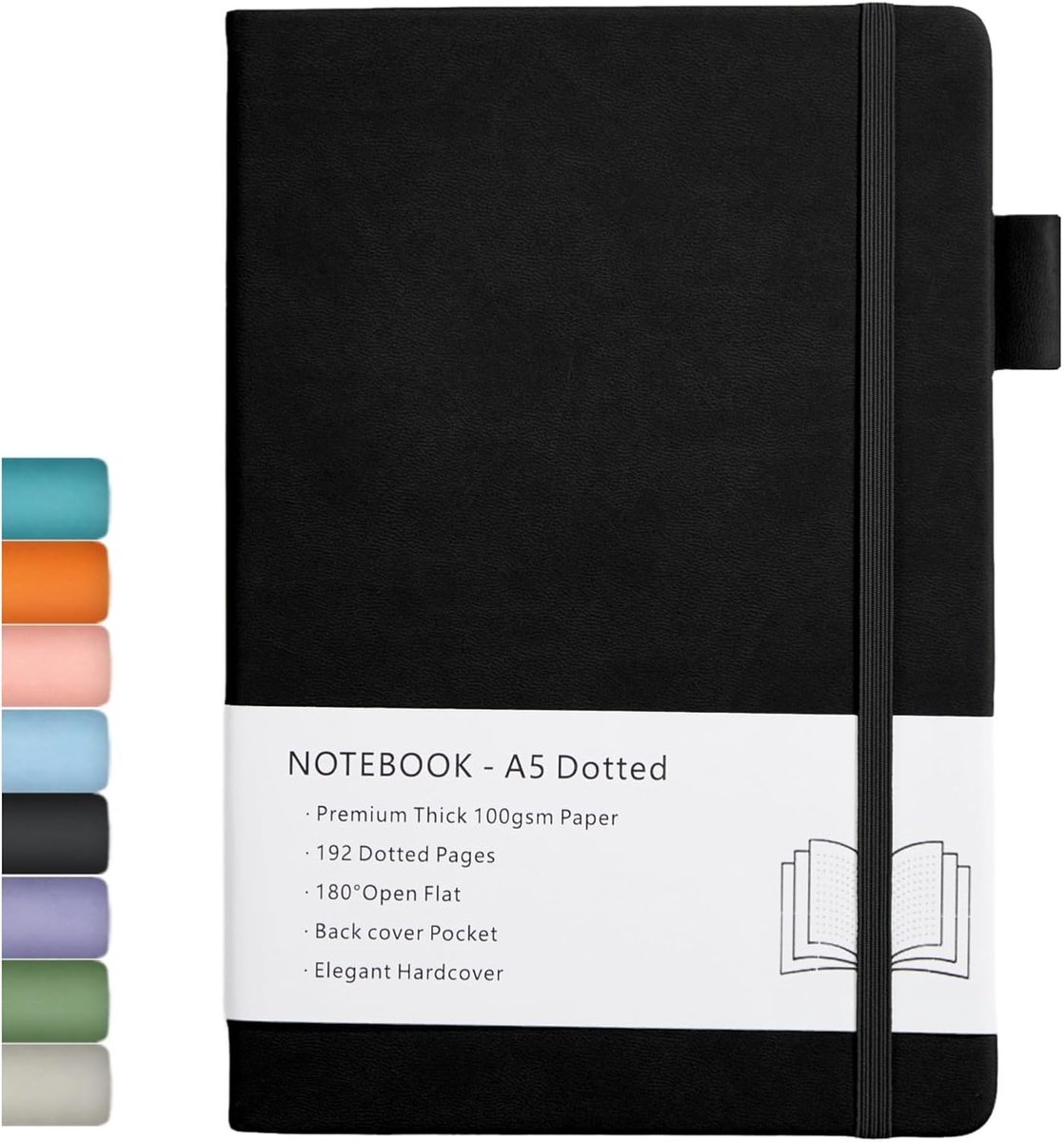 SnelShoppen - Dotted Journal A5 Notitieboek - Premium 100 GSM Dotted Papier, Faux Leer, 192 Bladzijden, Zwart, Met Binnen Pocket, Penhouder en 2 Boeke