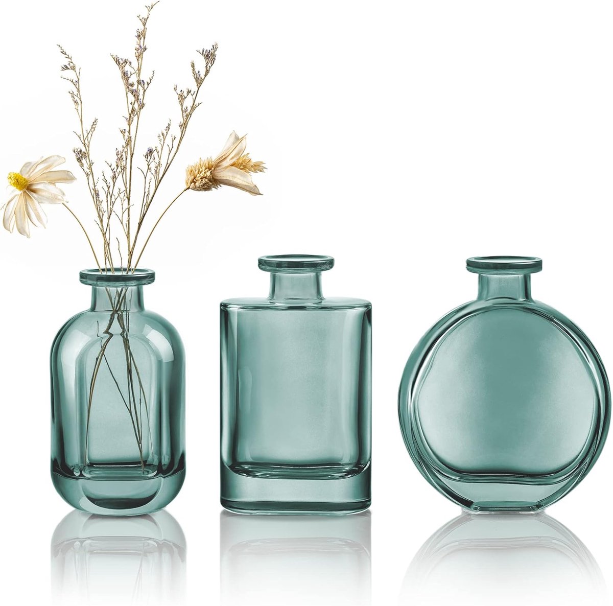 SnelShoppen - Set van 3 Blauwe Groene Glazen Vazen - Kleurrijke Bloemenvazen voor Bureau - Decoratieve Knopvazen voor Thuis, Kantoor en Tafeldecoratie