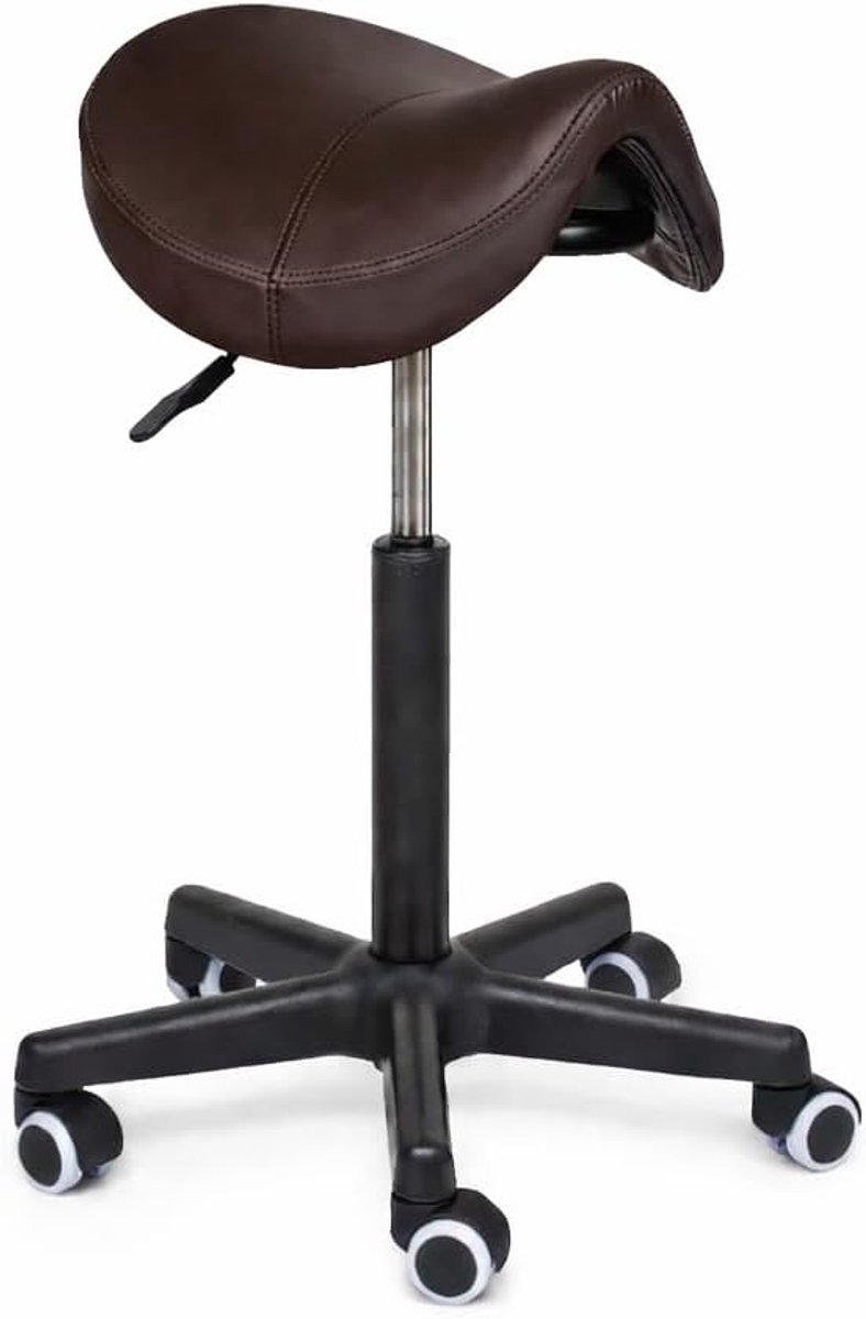 SnelShoppen - Premium Zadelkruk/Kapperskruk Bruin - Ergonomische Zadelstoel - In Hoogte Verstelbaar (70-85cm) - Met Voetsteun en Standaard Wielen - Co