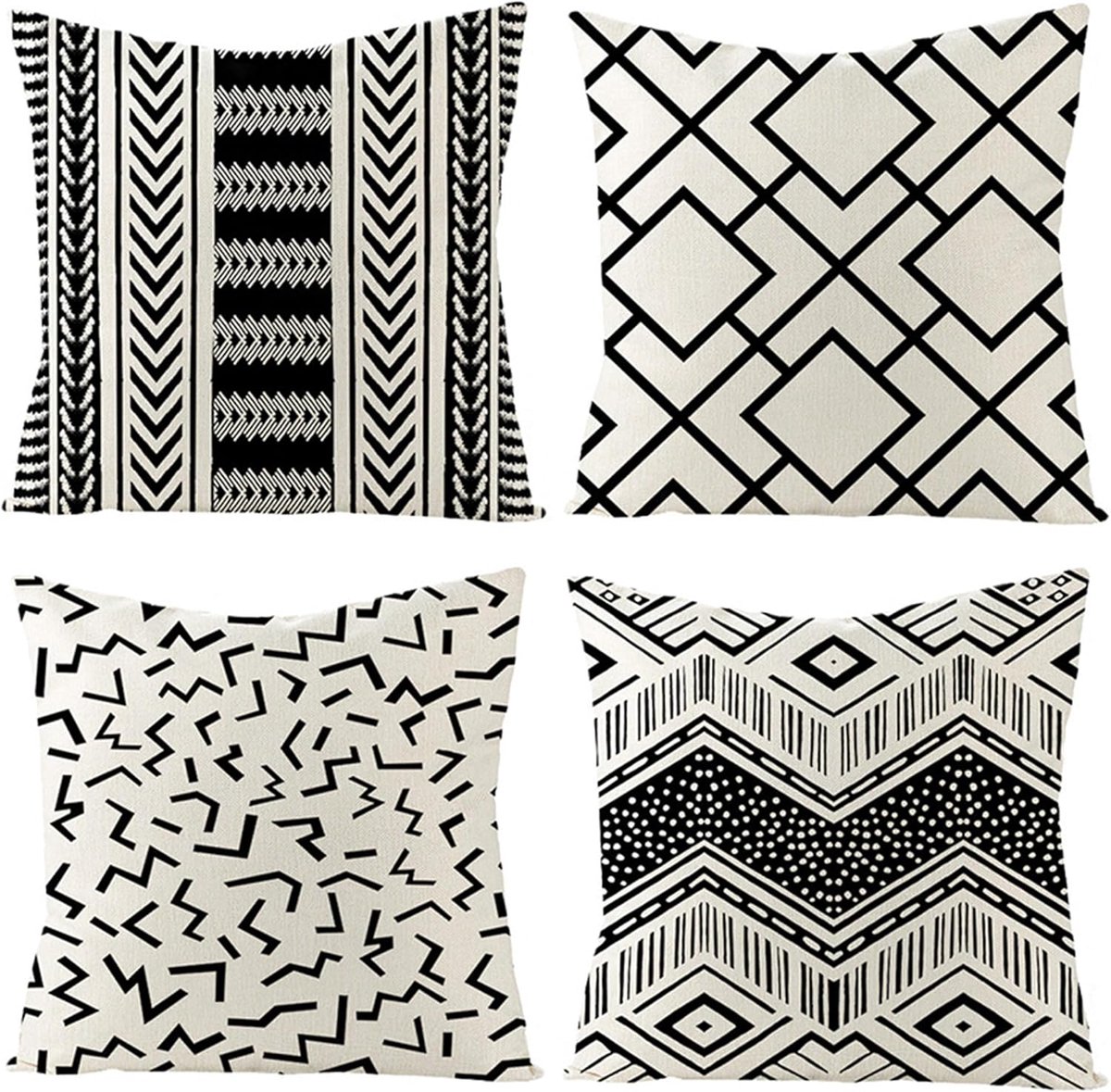 SnelShoppen - Set van 4 Geometric Pattern Kussenhoezen 45 x 45 cm in Zwart en Wit - Hoge Kwaliteit Linnen voor Sofa, Slaapkamer en Buiten - Decoratiev