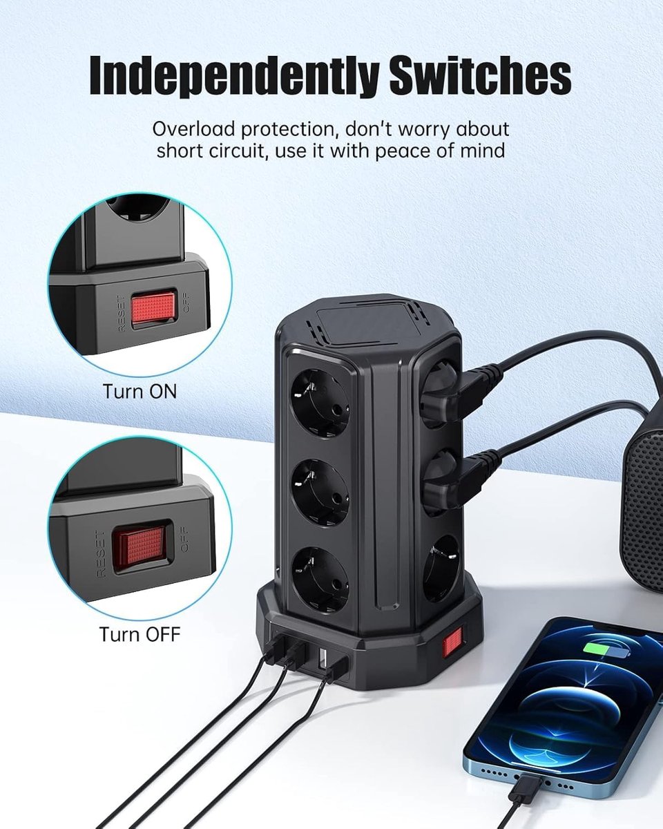 Thijox - Elektrische stekkerdoos 5 m, 12 stopcontacten, 3 USB A + 1 USB C, schakelaar, bescherming tegen overbelasting, perfect voor woonkamer, slaapk