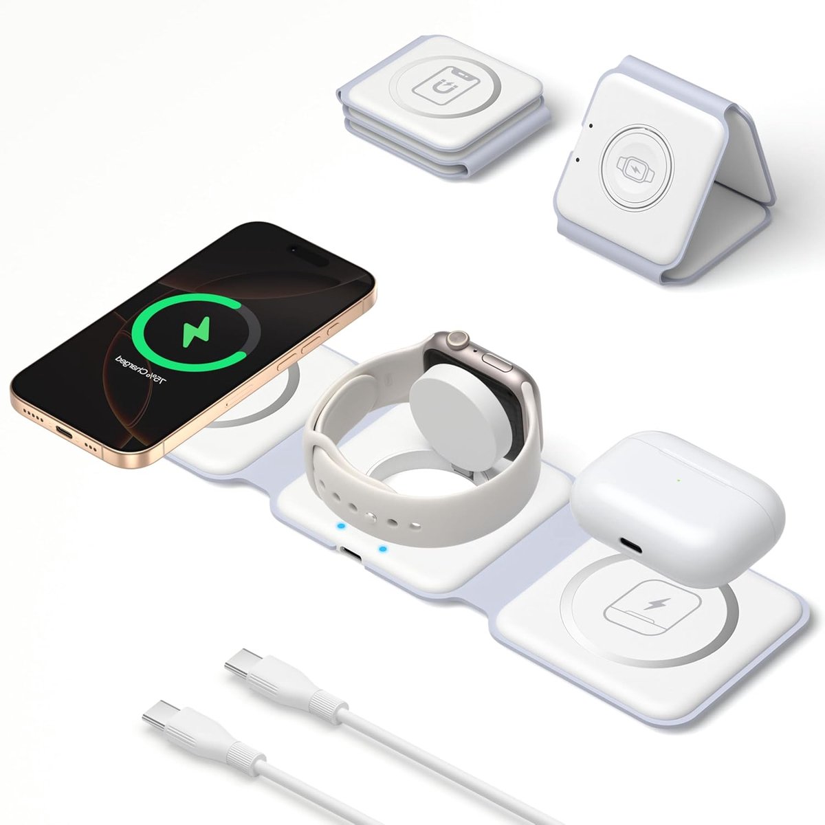 SnelShoppen - 3-in-1 Vouwbare Mag-Safe Oplaadstation voor iPhone 17 16 15 14 13, Apple Watch en AirPods Pro, Draagbare Draadloze Charger, Reisoplader,