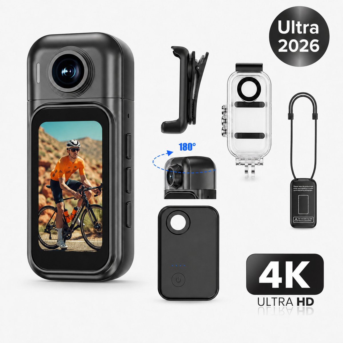 2026 4K ULTRA Bodycam – 180° Roterende UHD groothoeklens – Touchscreen scherm - Extra accu voor 8 uur opname - USB type-C aansluiting - Live App-View – WiFi camera - Action Sports Camera - Discreet & Draagbaar – Zwart