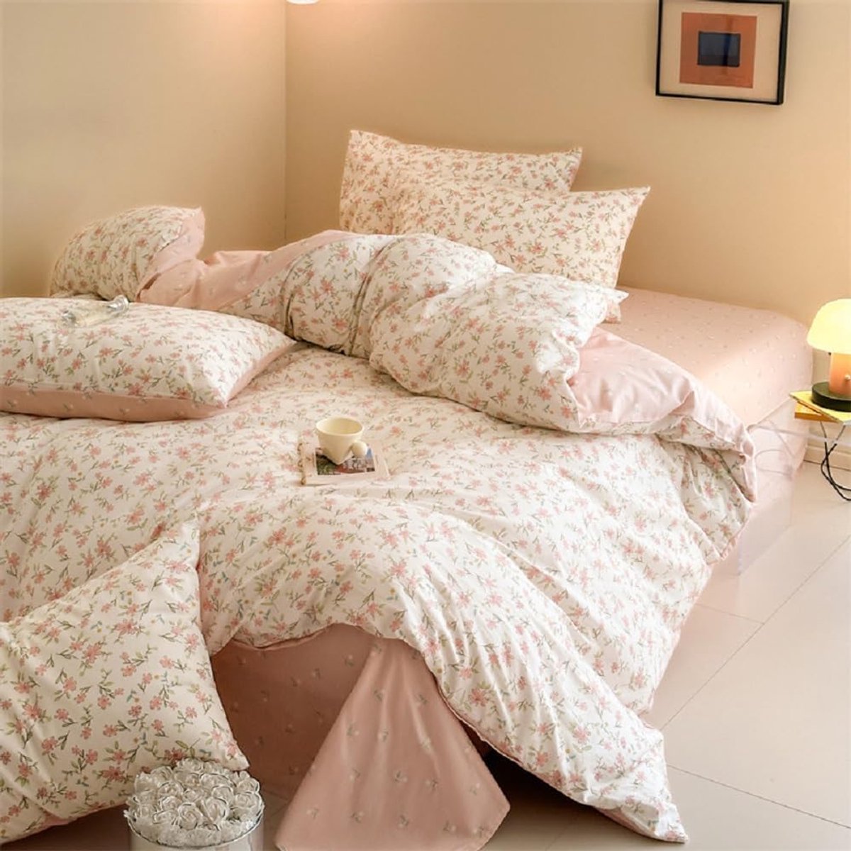 SnelShoppen - Mooi Roze Bloemen Dekbedovertrek 135x200 cm - 100% Katoen - Aesthetic Planten - Inclusief Kussensloop 80x80 cm - Ideaal voor Meisjeskame