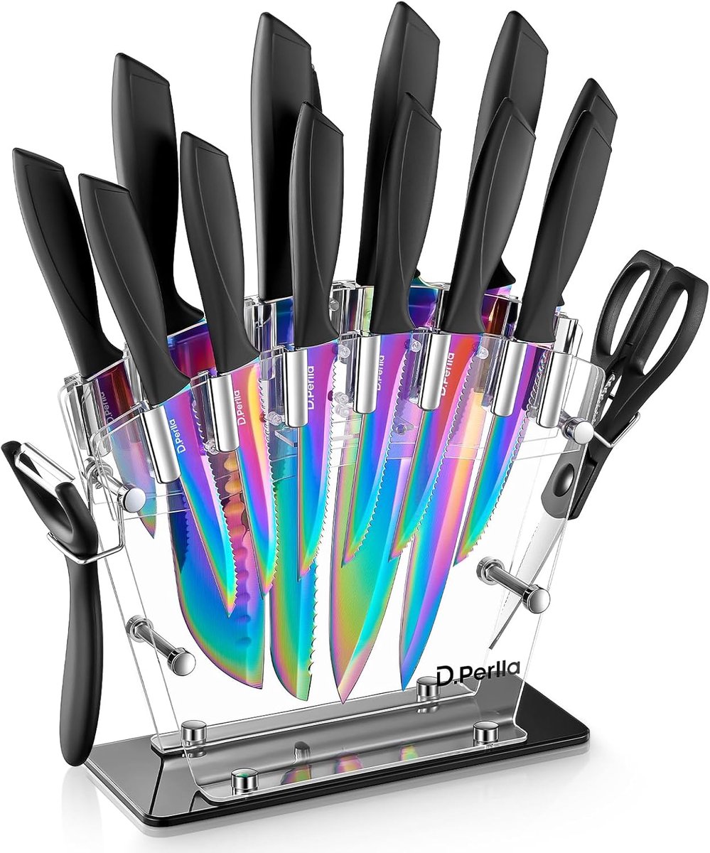 SnelShoppen - 16-delig Keuken Messenset met Acryl Houder, Titanium Coating, RVS, Super Scherp, Regenboog Kleur, Voor Alle Snijbehoeften in de Keuken