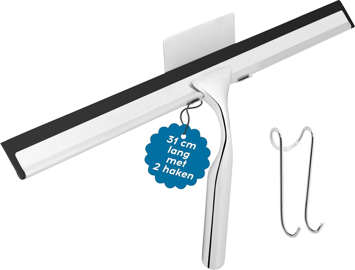 SnelShoppen - Shower Puller XL 31 cm - RVS - Inclusief 2 Haakjes (Zelfklevend & Glaswand) - Professionele Raamtrekker met Reserve Rubber - Geen Boren
