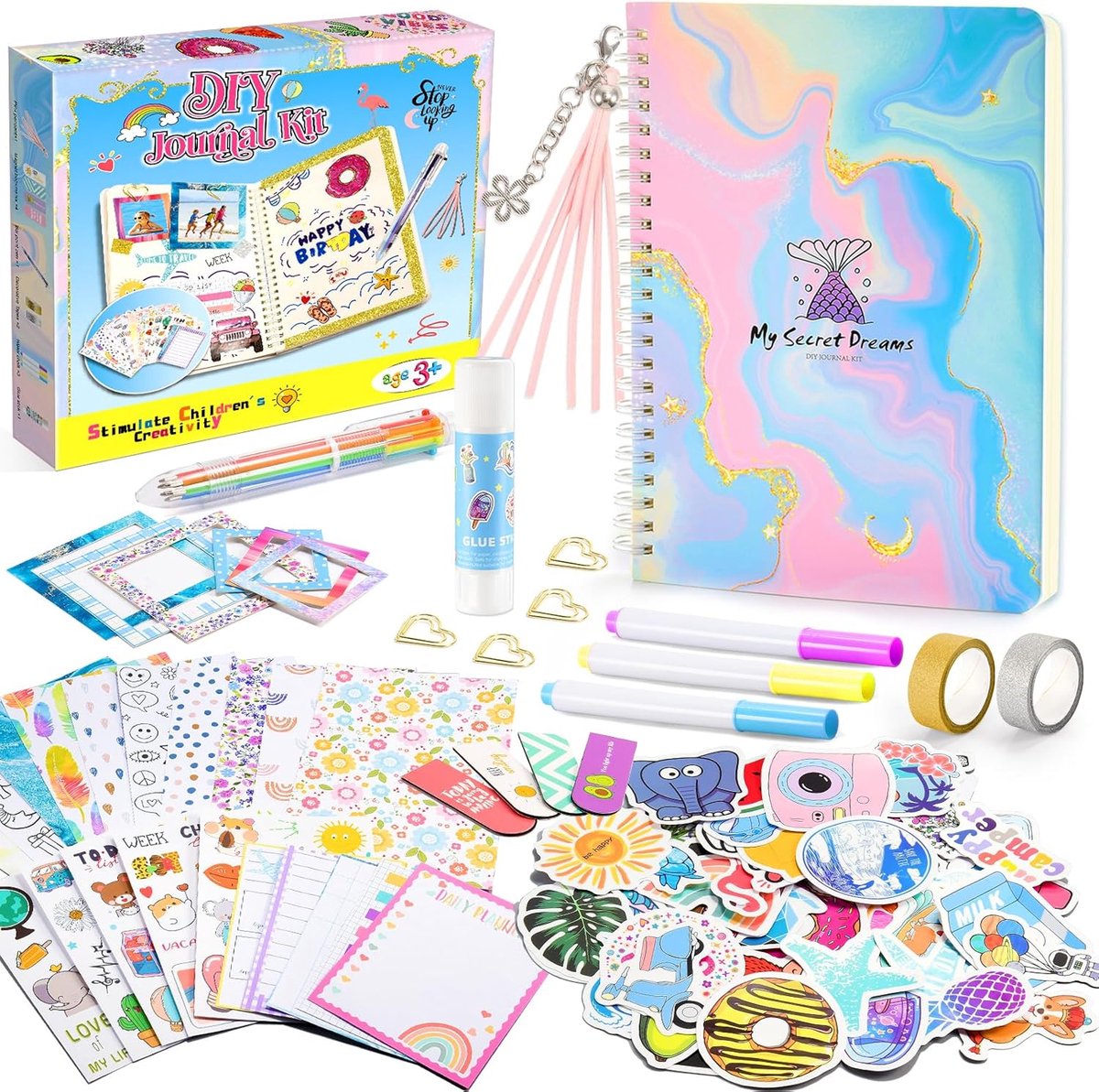 SnelShoppen - Geheim Dagboek voor Meisjes 4-10 Jaar - Scrapbooking Set met 50 Stickers, Notitieboek, Glitterpen en meer - Perfect voor Verjaardag en C