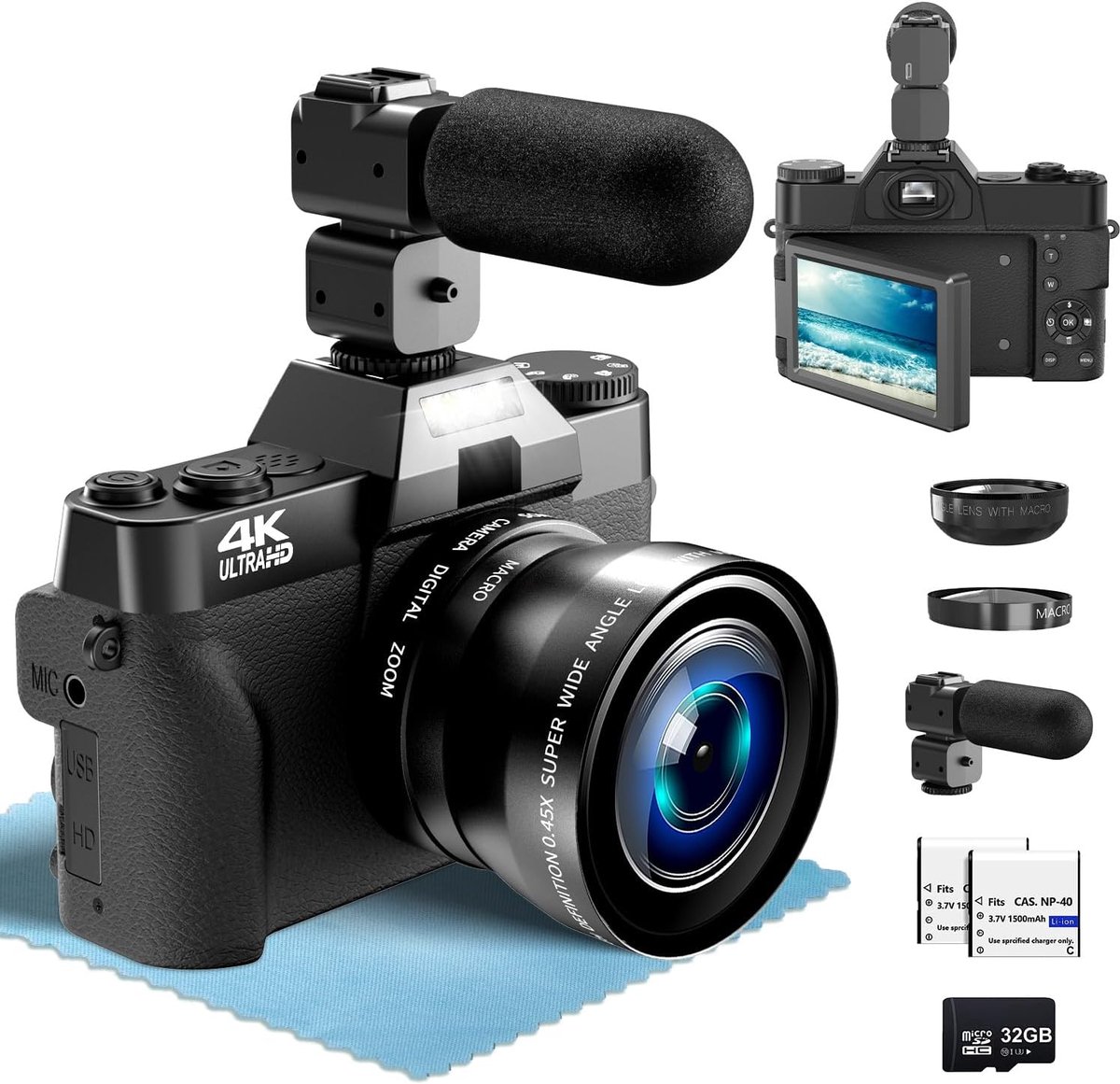 SnelShoppen - 4K Digitale Camera voor Fotografie met Verstelbare Microfoon, 56MP Vlog Camera voor YouTube Video's, 52mm Groothoek en Macro Lens, 180°