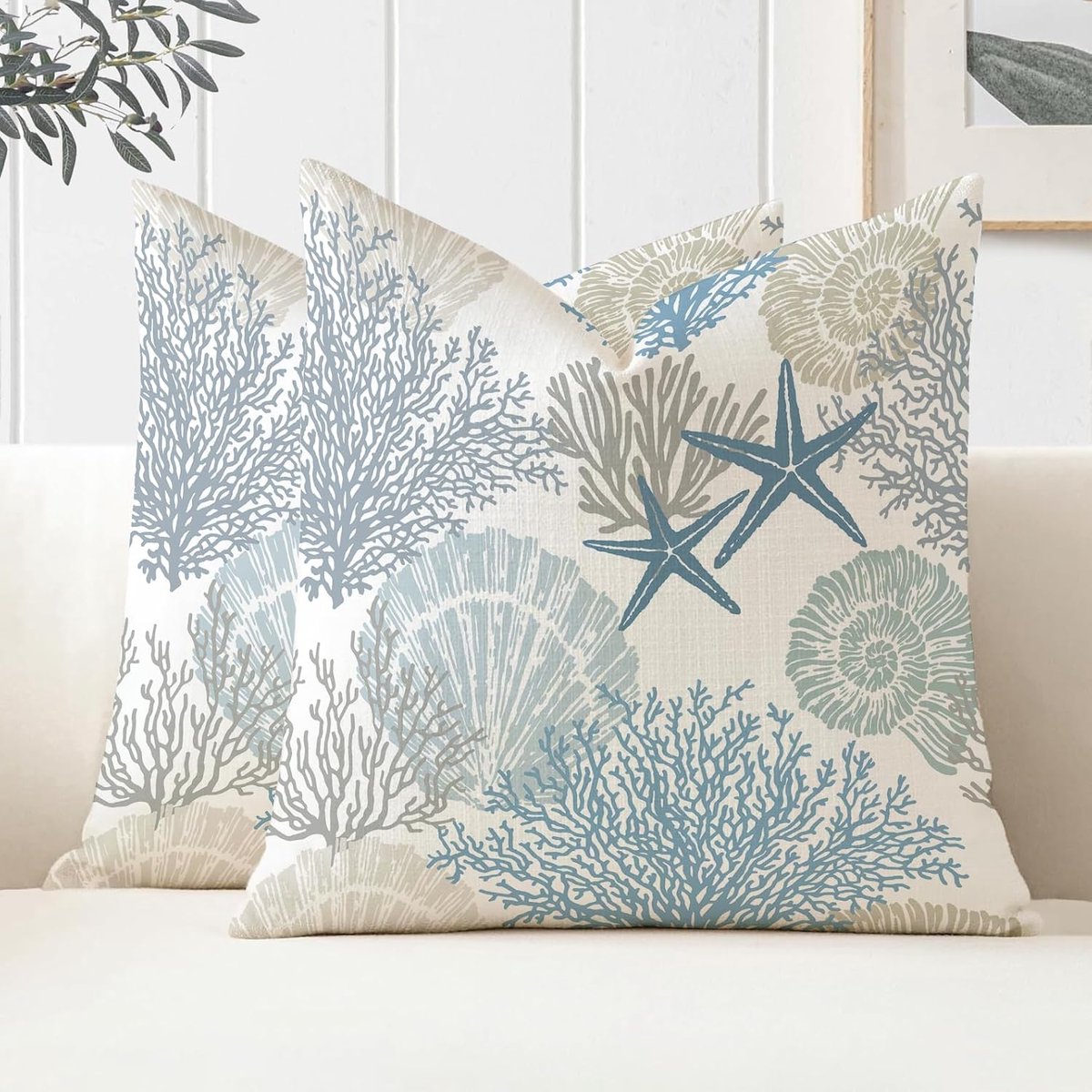 SnelShoppen - Waterdichte Kussenhoezen 18x18 Inch, Set van 2, Decoratief voor Buiten, Blauwe Zeesterren en Schelpen, Ocean Themed Tuin Kussens voor So