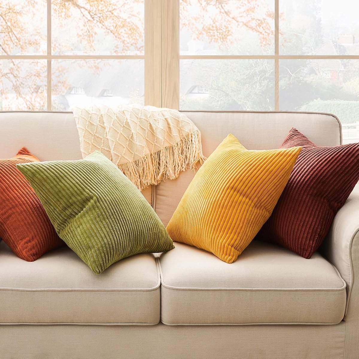 SnelShoppen - Set van 4 Fluffy Corduroy Kussenhoezen 45x45cm in Herfstkleuren Groen Geel Oranje - Decoratieve Kussens voor Sofa en Bed, Kinderen en Hu