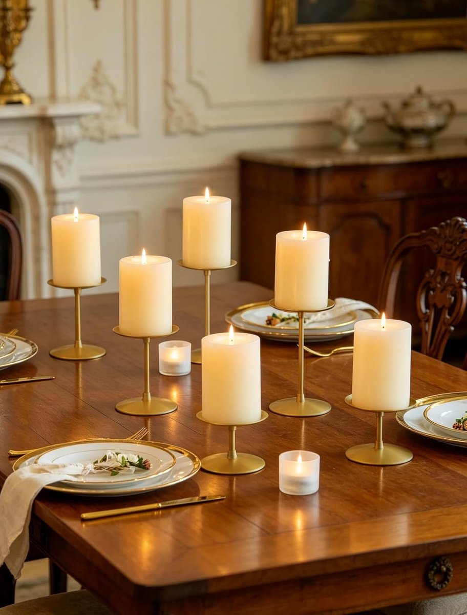 SnelShoppen - Gouden Metalen Kaarsenhouders Set van 6 - Voor Pilaren - Modern Design - IJzer - Decoratie voor Eettafel, Mantel, Feest, Kerst, Bruiloft