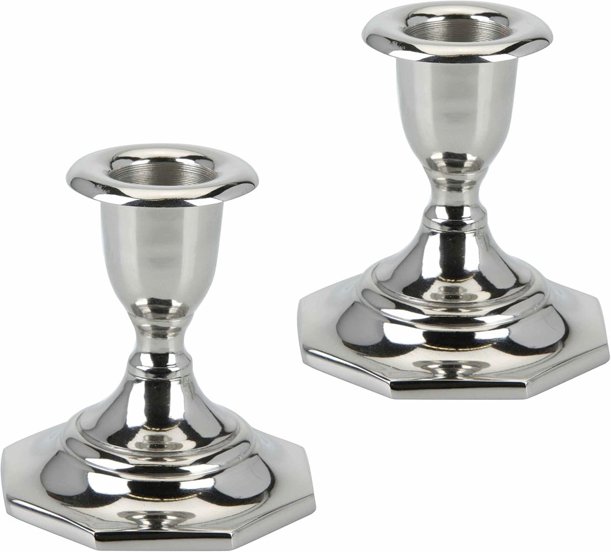 SnelShoppen - Set van 2 Kaarsenhouders in Zilver Metaal voor Stompkaarsen, Hoogte 8 cm, Octagonale Basis, Tafeldecoratie voor Feestelijke Gelegenheden