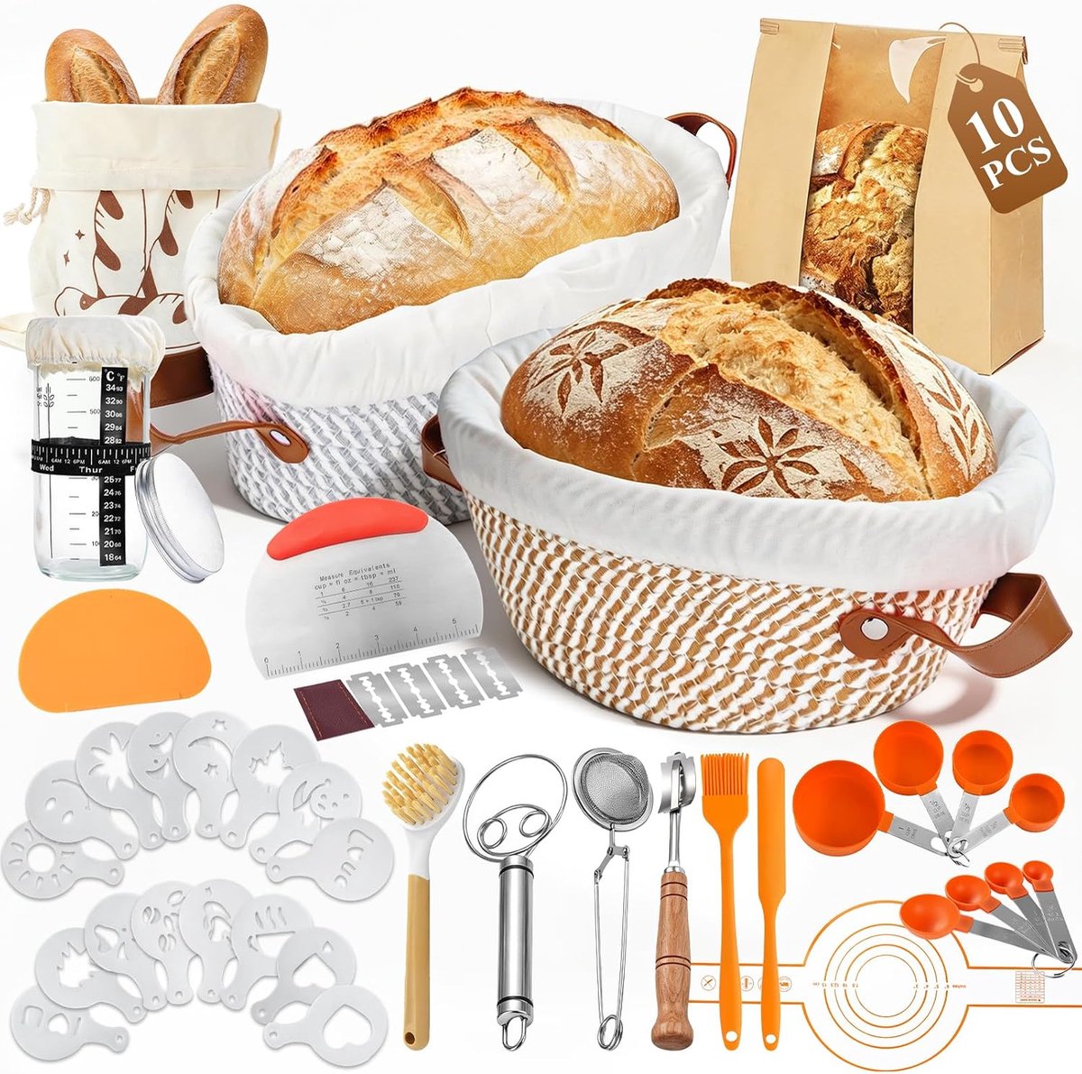 SnelShoppen - Rijsmand Zuurdeeg Starterset met 2 Rijsmanden (25 cm Ovaal en 23 cm Rond), Broodbakset met Zuurdeegglas, 16 Printmotieven, 10 Grote Zak