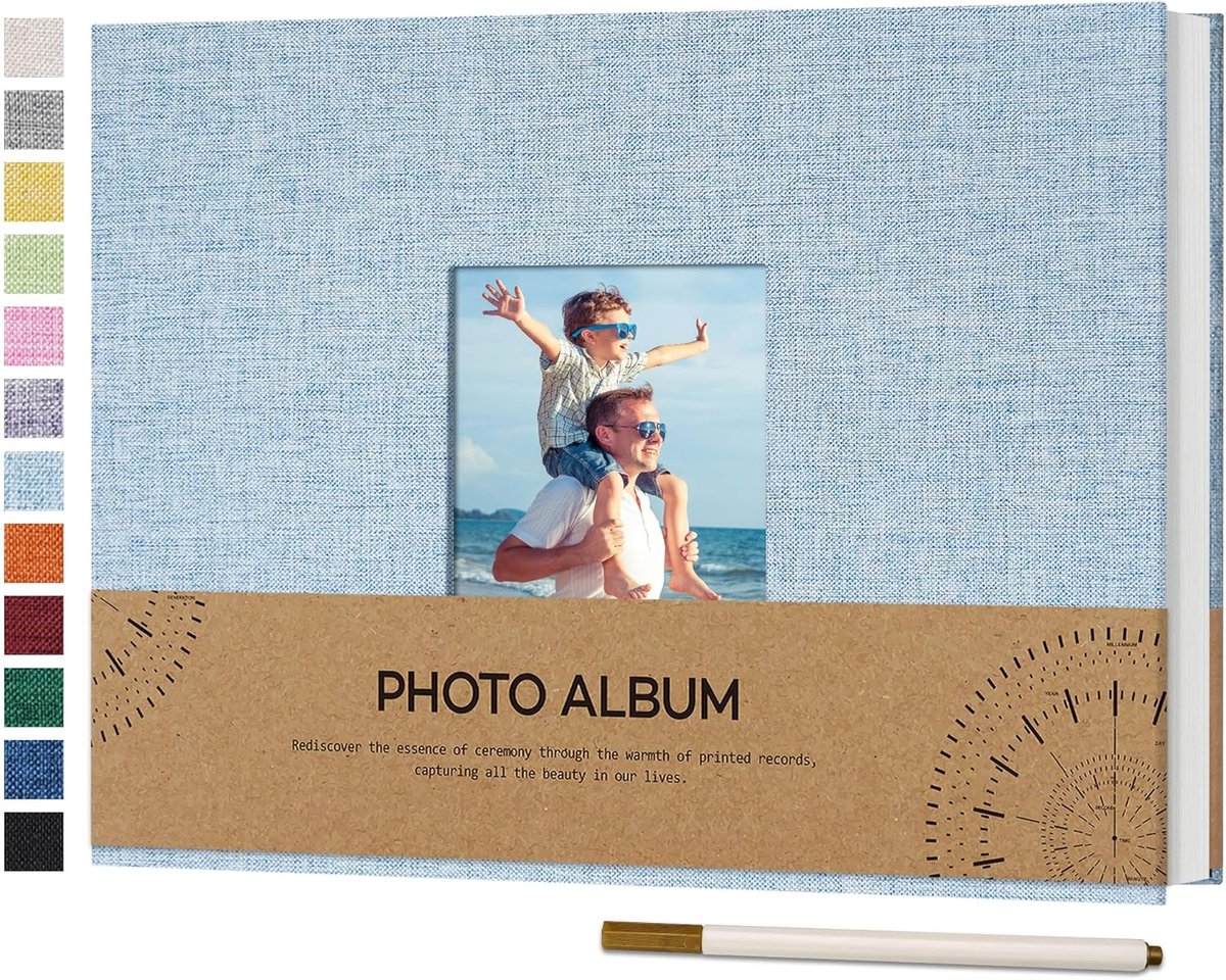 SnelShoppen - Zelfklevend Fotoalbum met Foto Venster 10x15 cm, Linnen Kaft, DIY Scrapbook, 60 Witte Pagina's, Reis Foto Boek met Balpen, 21.5x30 cm, L